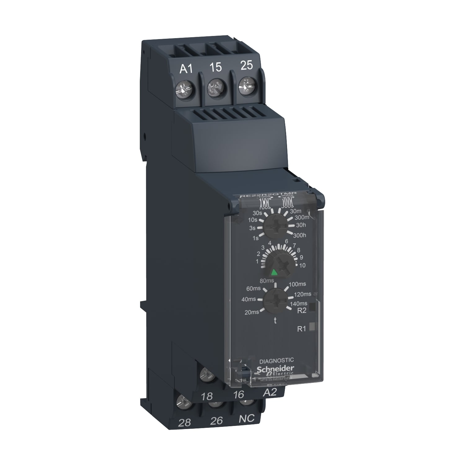 RE22R2QTMR Zelio Modular Timing Relay, 1 to 10 s, 3 to 30 s, 10 to 100 s, 30 to 300 min, 0.05 to 1 s, 3 to 30 min, 0.3 to 3 s, 30 to 300 s, 3 to 30 hr, 30 to 300 hr Setting, 250 V AC, 2CO 2 Form C Contact