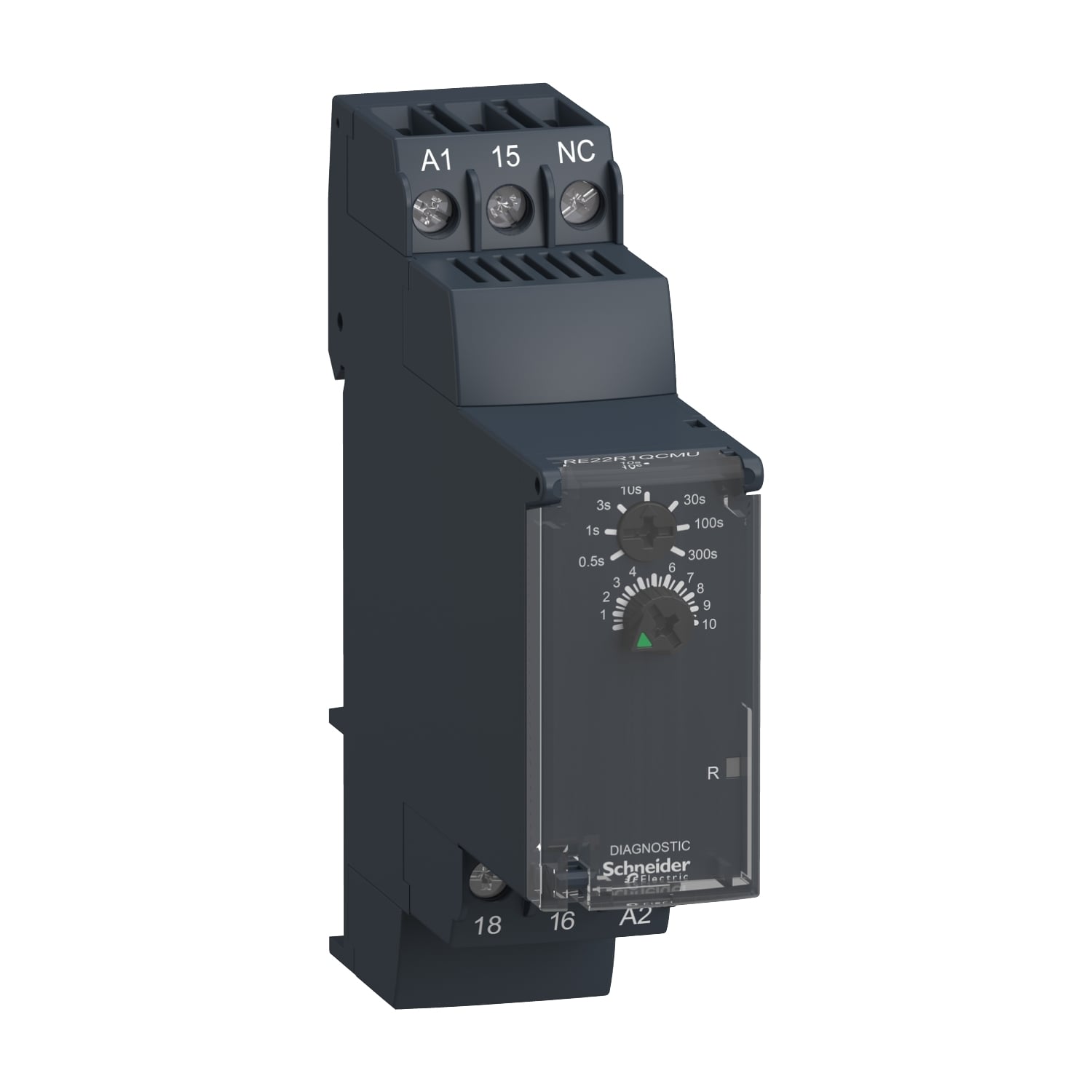 RE22R1QCMU Zelio Modular Timing Relay, 10 to 100 s, 3 to 30 s, 0.1 to 1 s, 0.3 to 3 s, 0.05 to 0.5 s, 1 to 10 s, 30 to 300 s Setting, 250 V AC, 1CO 1 Form C Contact