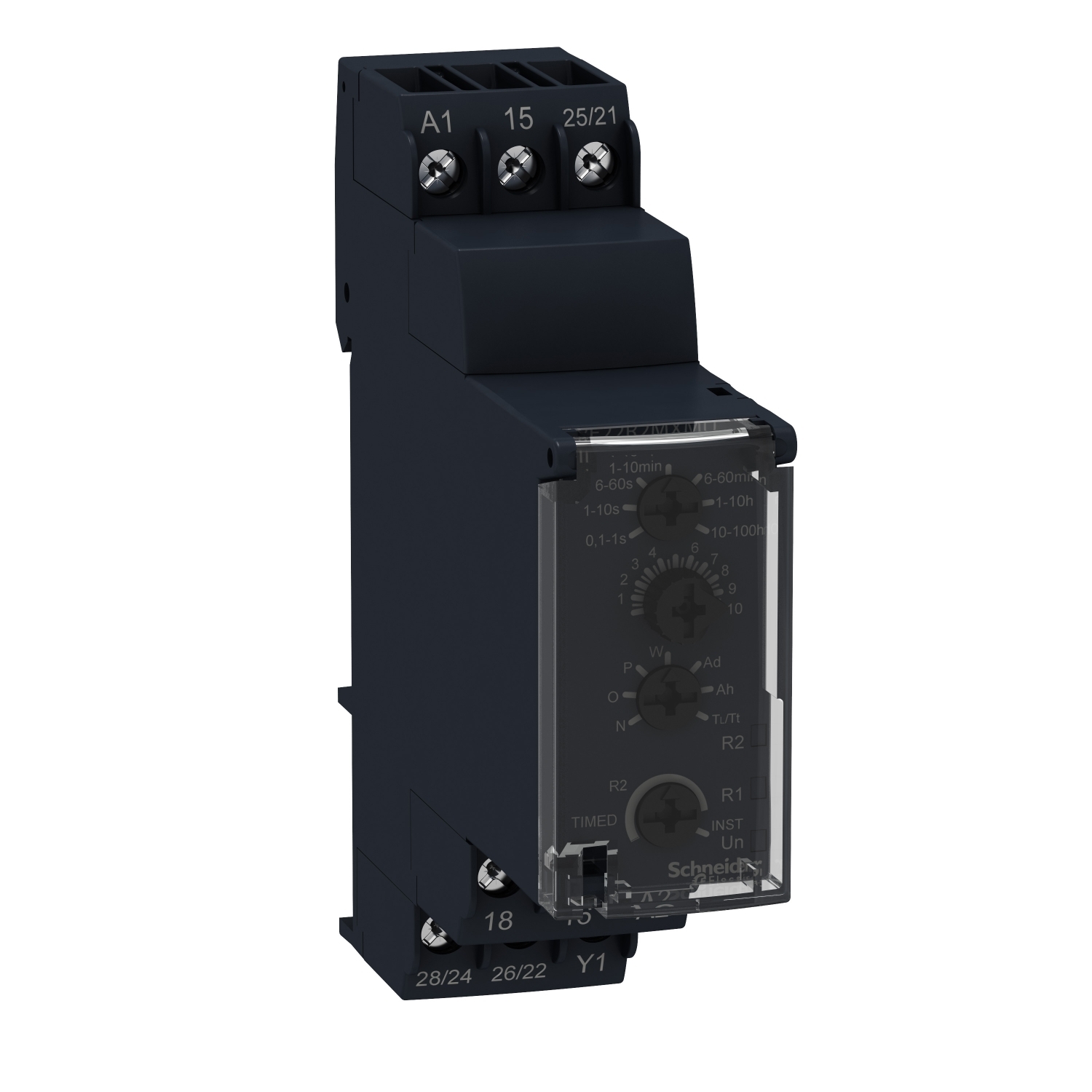RE22R2MJU Zelio Modular Timing Relay, 1 to 10 min, 6 to 60 min, 0.1 to 1 s, 6 to 60 s, 1 to 10 s, 1 to 10 hr, 10 to 100 hr Setting, 250 V AC, 2CO 2 Form C Contact