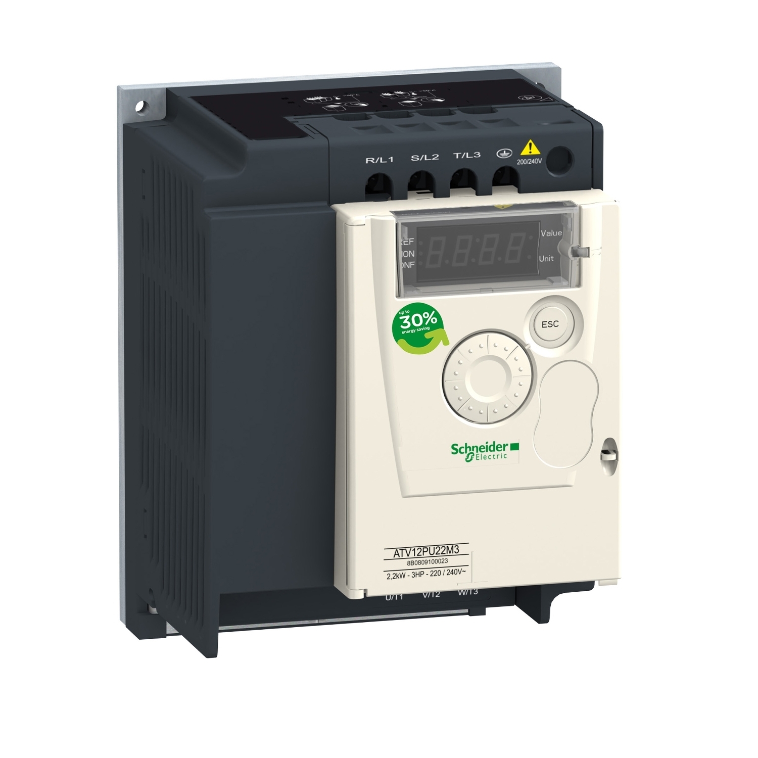 ATV12PU22M3 Altivar 3-Phase Variable Speed Drive, 200 to 240 V, 14.9 A at 200 V, 12.5 A at 240 V, 3 hp, 4.13 in W x 3.87 in D