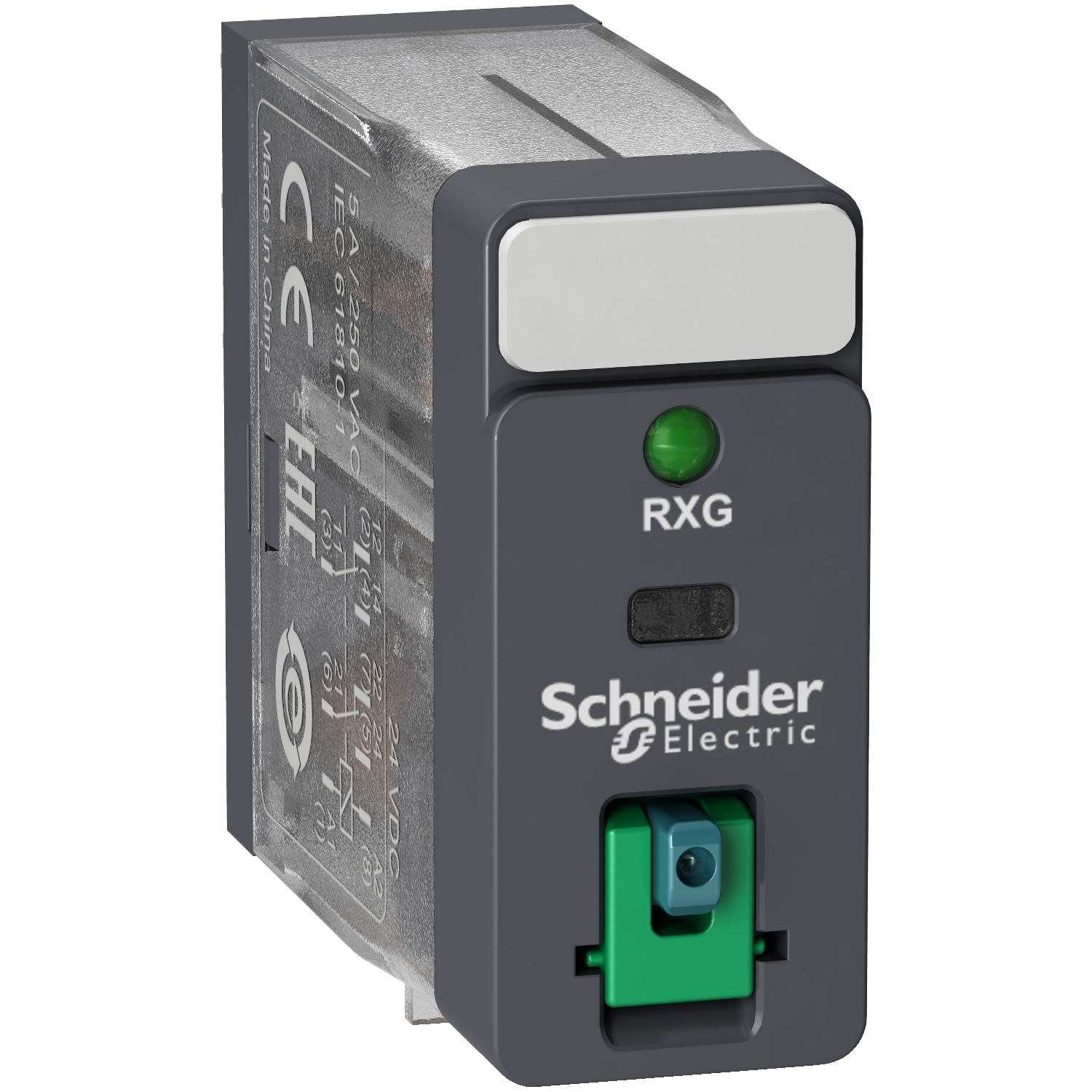 RXG22FD Zelio RXG Series General Purpose Interface Plug-In Relay With Green LED, Lockable Test Button, Standard Cover, 5 A, 2CO 2 Form C DPDT Contact, 110 VDC V Coil