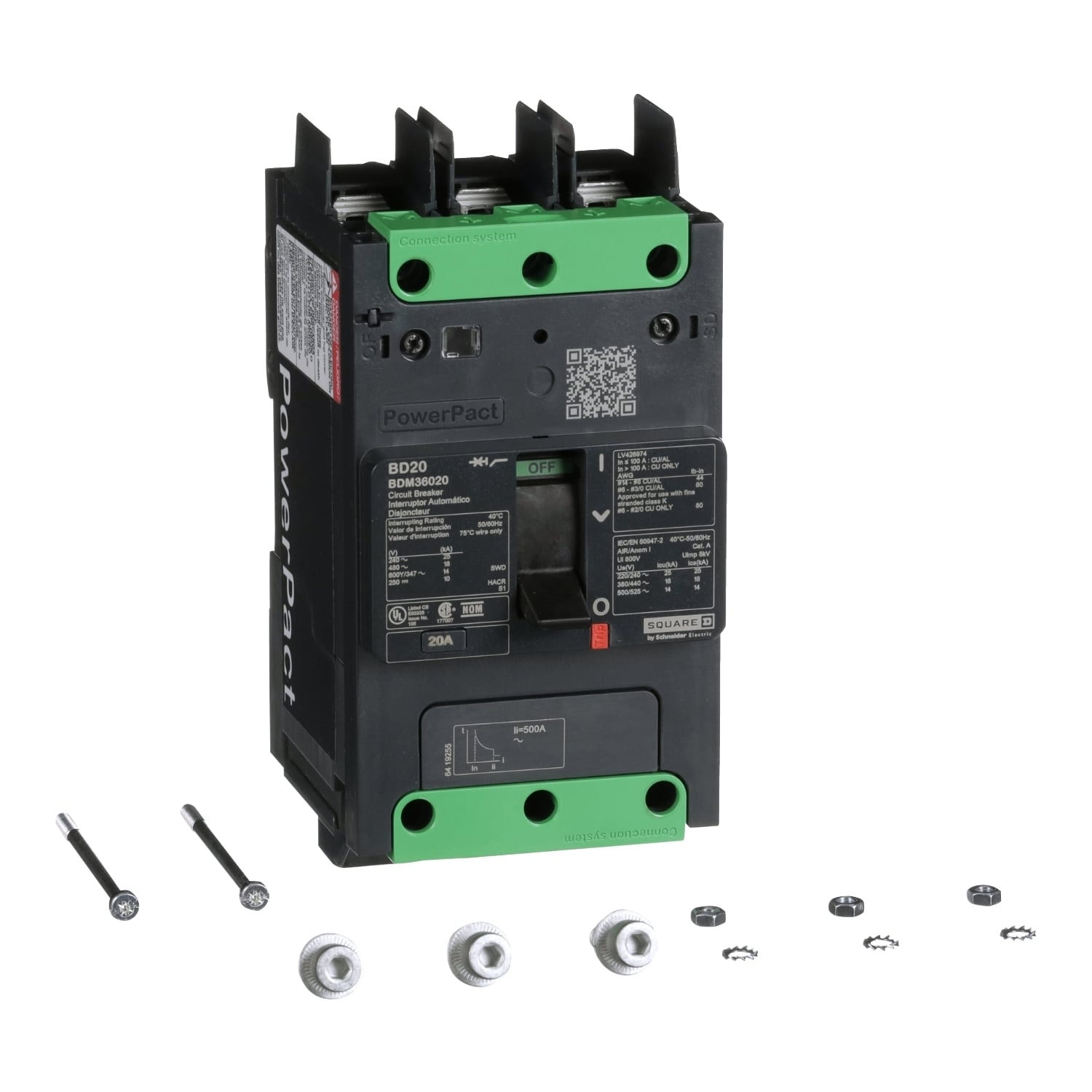 BDM36020 PowerPact BD 020 Molded Case Circuit Breaker, 600Y/347 VAC, 250 VDC, 20 A, 14/10 kA Interrupt, 3 Poles, Thermal Magnetic Trip