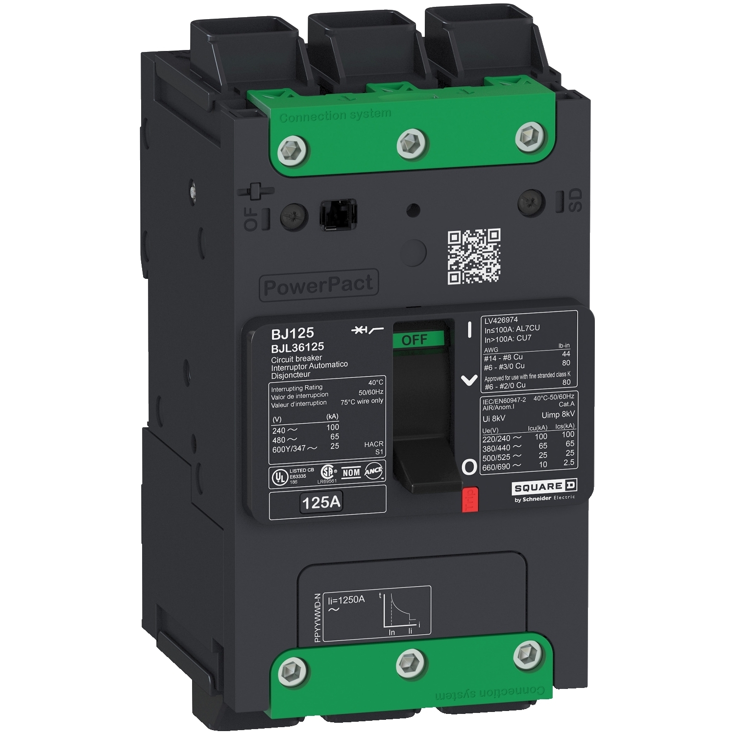 BDM36070 PowerPact BD 070 Molded Case Circuit Breaker, 600Y/347 VAC, 250 VDC, 70 A, 14/10 kA Interrupt, 3 Poles, Thermal Magnetic Trip