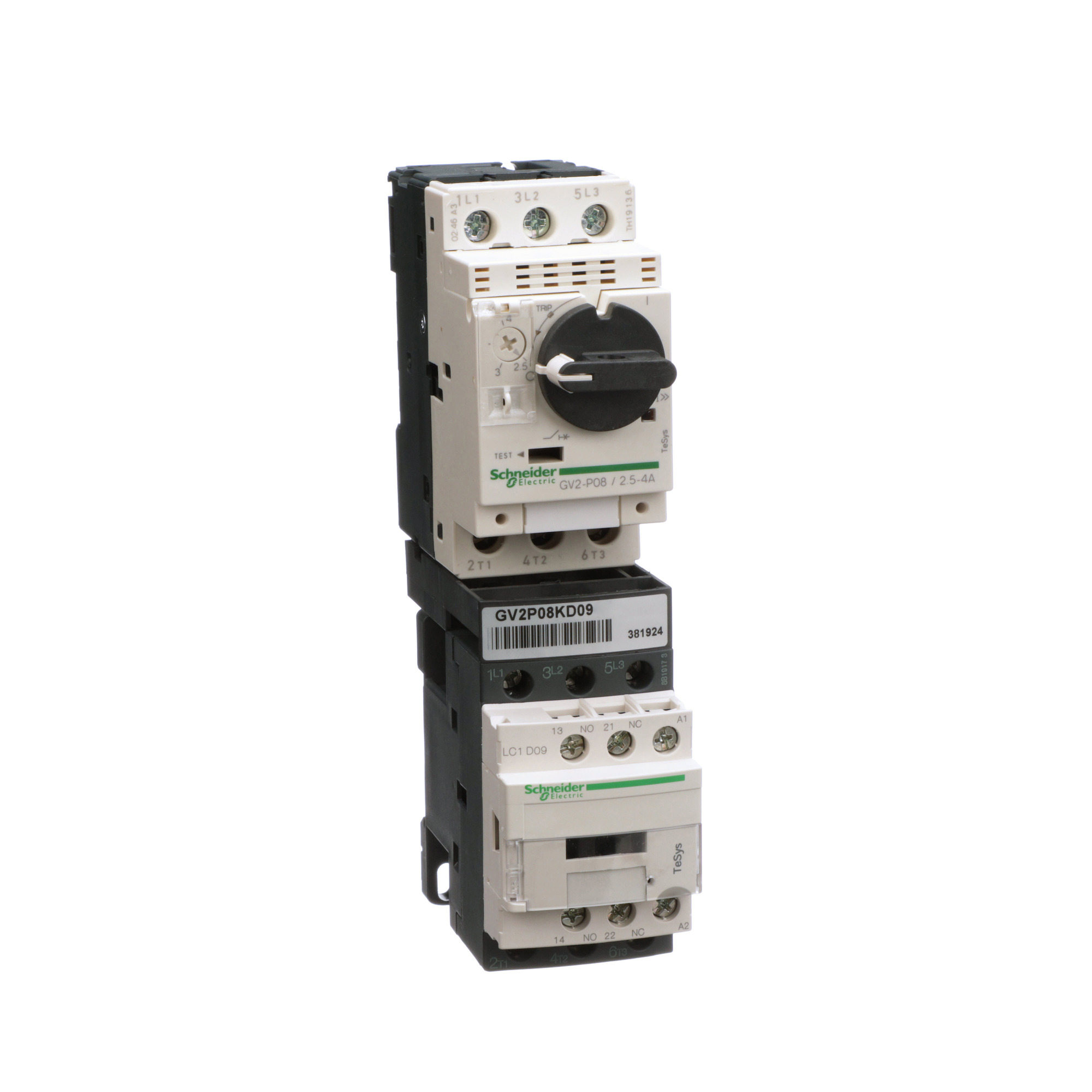 GV2P08KD09B7 TeSys Motor Starter With Safety Cover, 24 VAC V Coil, Direct On-Line Contactor Action, 3 Poles, IP20 Enclosure