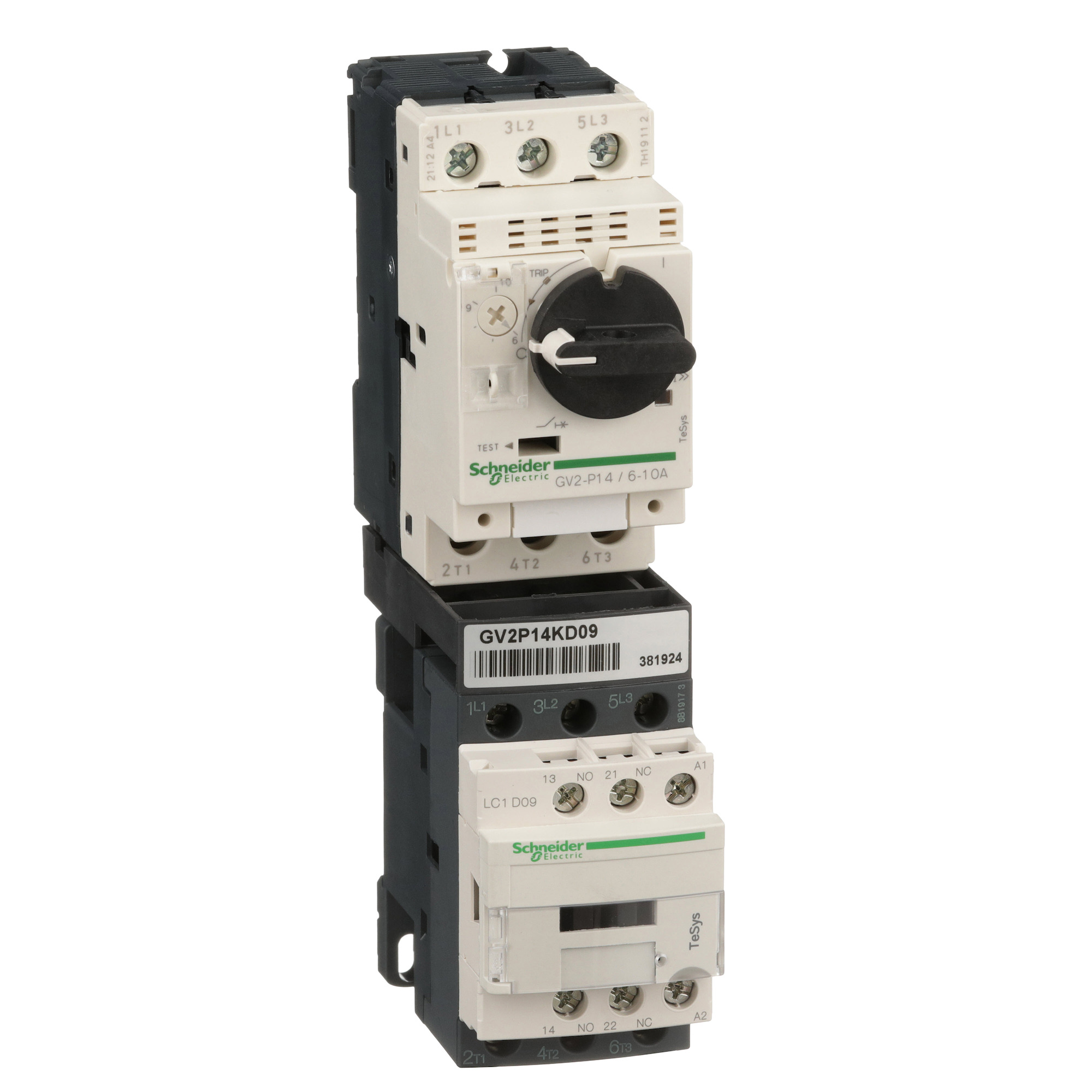 GV2P14KD09BL TeSys Motor Starter With Safety Cover, 24 VDC V Coil, Direct On-Line Contactor Action, 3 Poles, IP20 Enclosure