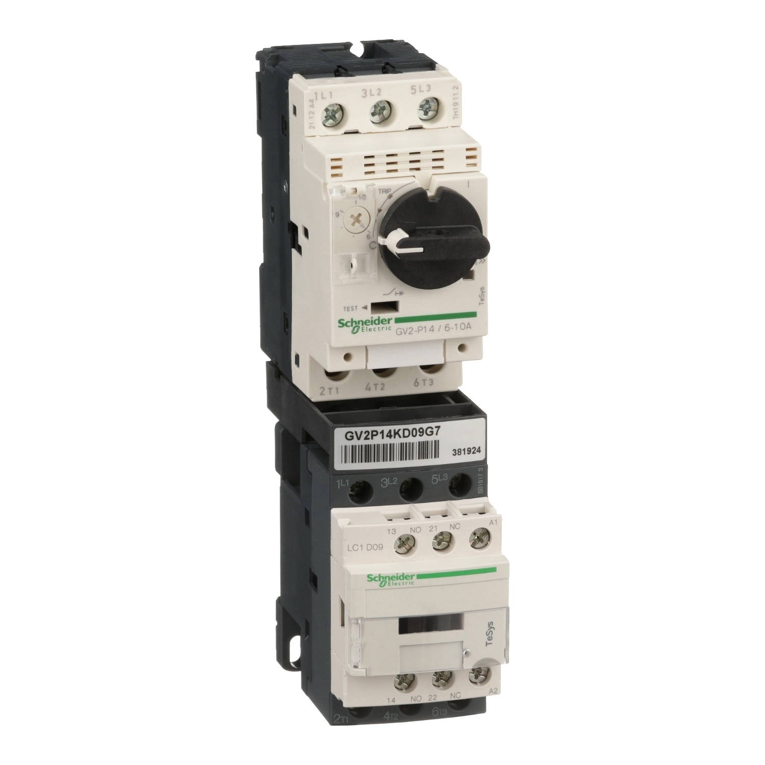 GV2P14KD09G7 TeSys Motor Starter With Safety Cover, 120 VAC V Coil, Direct On-Line Contactor Action, 3 Poles, IP20 Enclosure