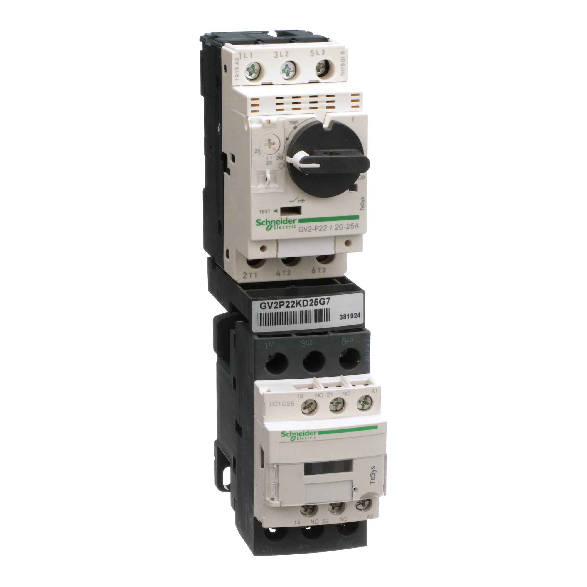 GV2P22KD25G7 TeSys Motor Starter With Safety Cover, 120 VAC V Coil, Direct On-Line Contactor Action, 3 Poles, IP20 Enclosure