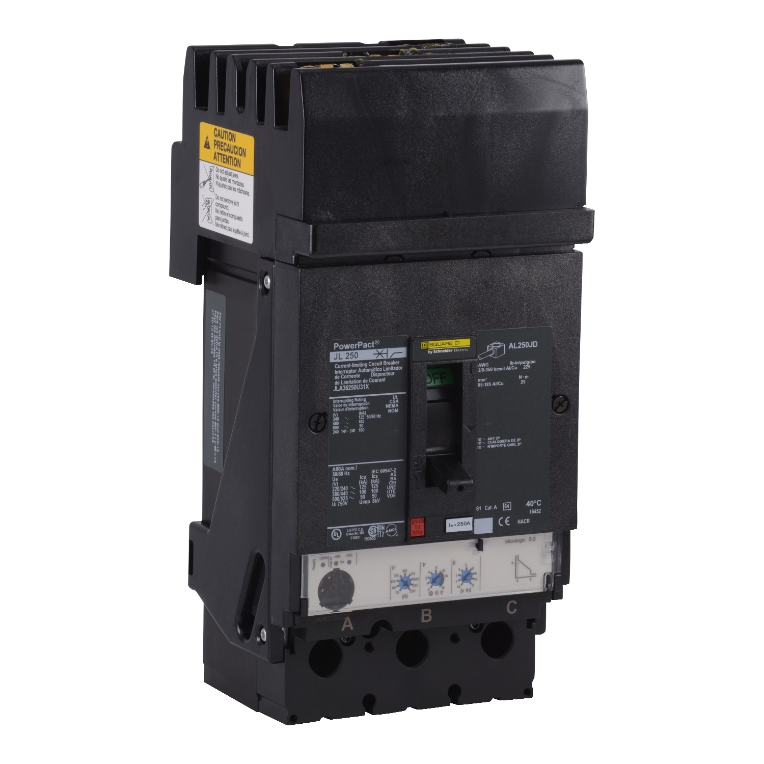 JLA36250U31X PowerPact Molded Case Circuit Breaker, 600 V AC, 250 A, 50 kA Interrupt, 3 Poles, Electronic Trip