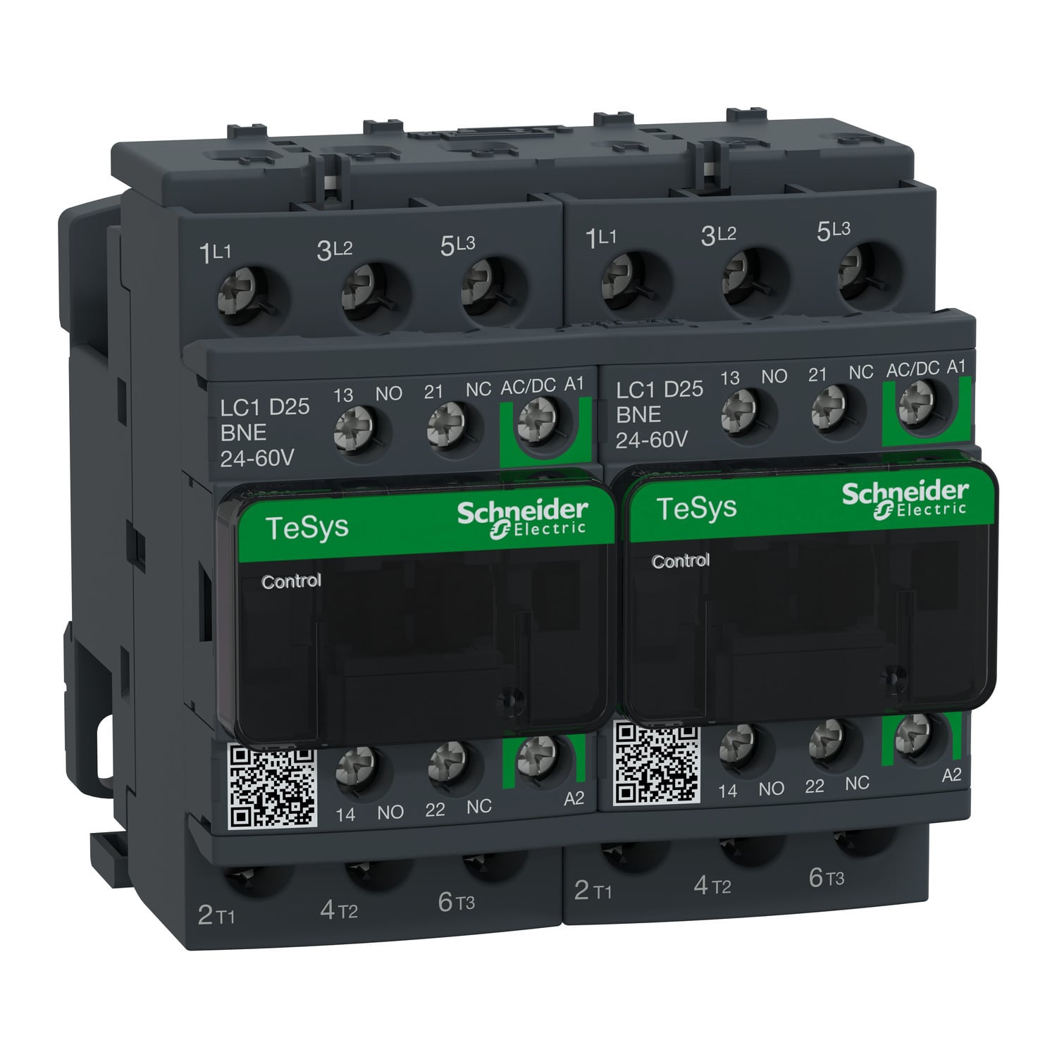 LC2D25BNE TeSys D Reversing Contactor With Front Cover, 24 to 60 V AC/DC V Coil, 25/40 A, 1NO-1NC/3NO Contact, 3 Poles