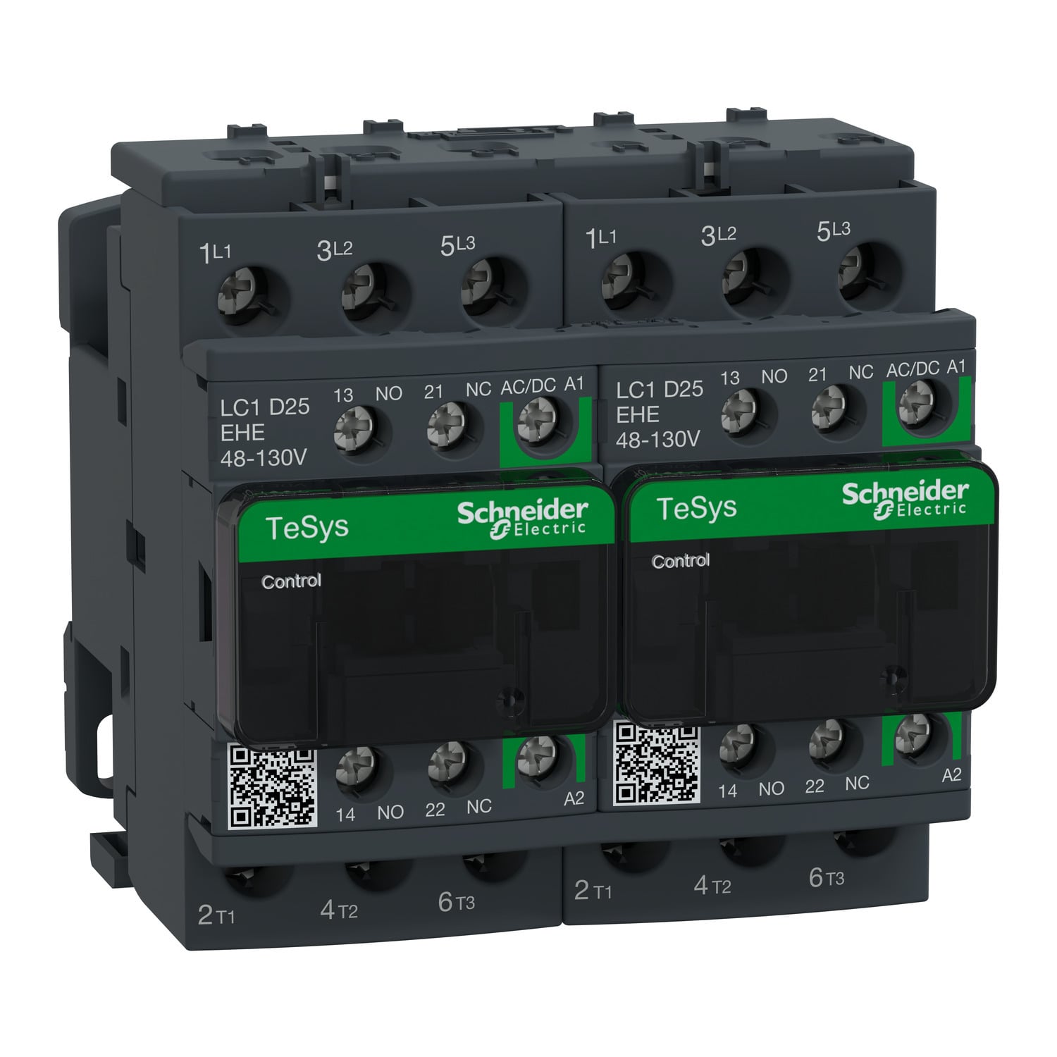 LC2D25EHE TeSys D Reversing Contactor With Front Cover, 48 to 130 V AC/DC V Coil, 25 A, 1NO-1NC/3NO Contact, 3 Poles