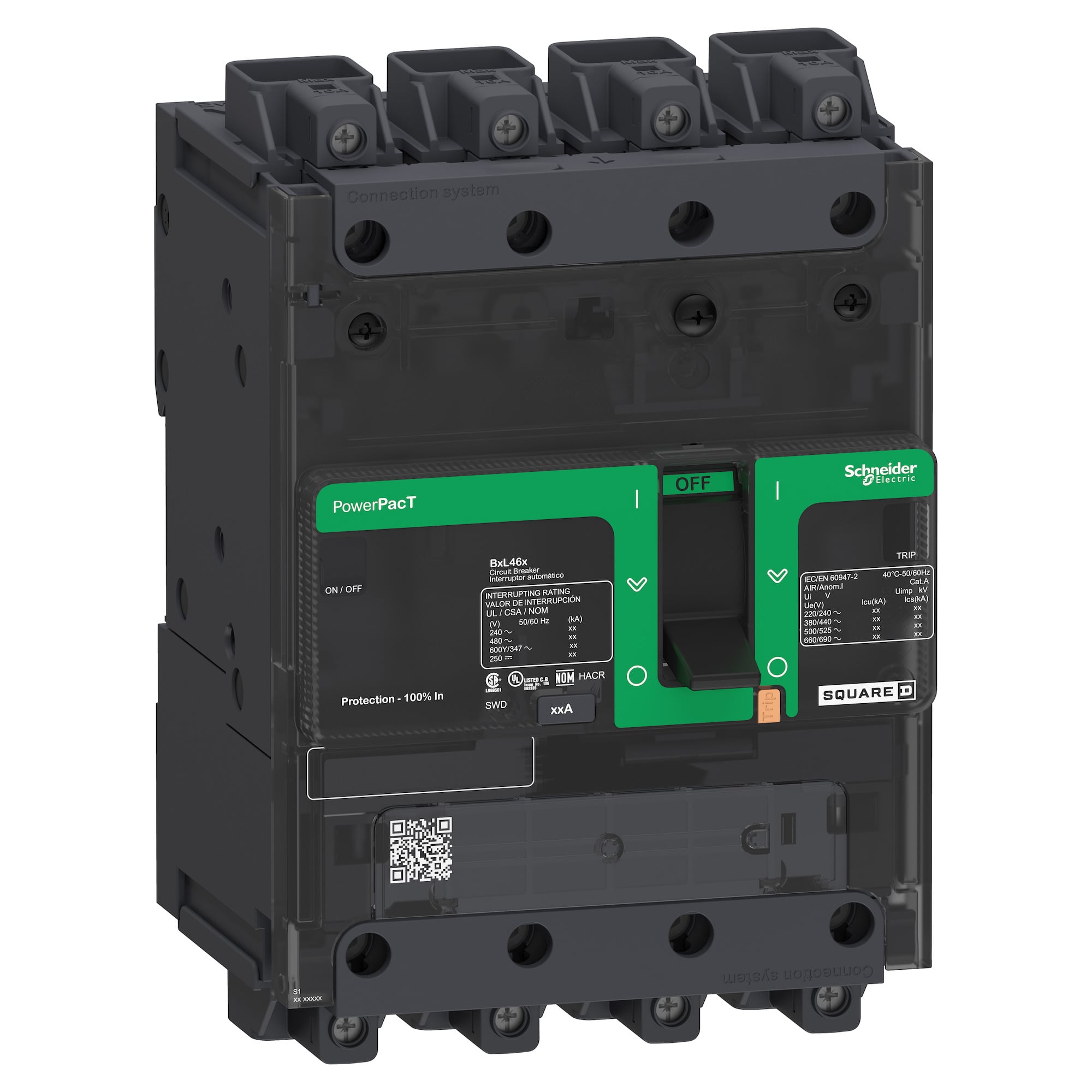 BDL46100 BD 100 Series Circuit Breaker, 525 V AC, 100 A, 10 to 25 kA interrupt, 4 poles, Thermal Magnetic trip