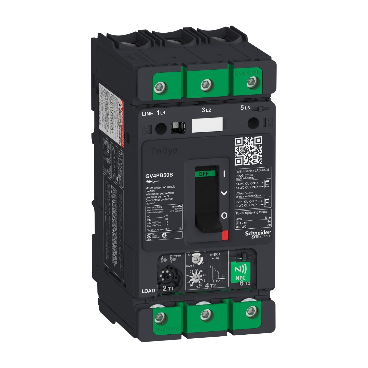 GV4PB50B TeSys Deca Circuit Breaker, 690 to 800 V AC, 50 A, 25 kA Interrupt, 3 Poles