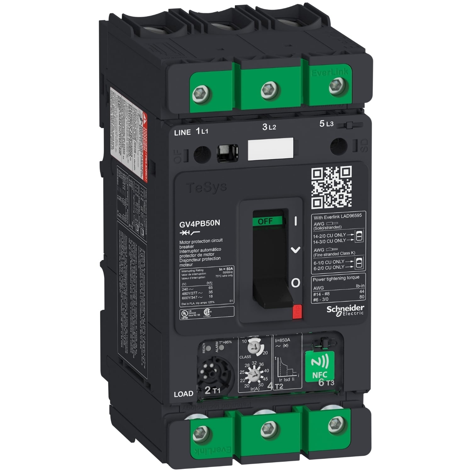 GV4PB50N GV4 Multi-Function Motor circuit breaker, 690, 347 V AC, 50 A, 50 kA Interrupt, 3 P Poles, Thermal Magnetic Trip