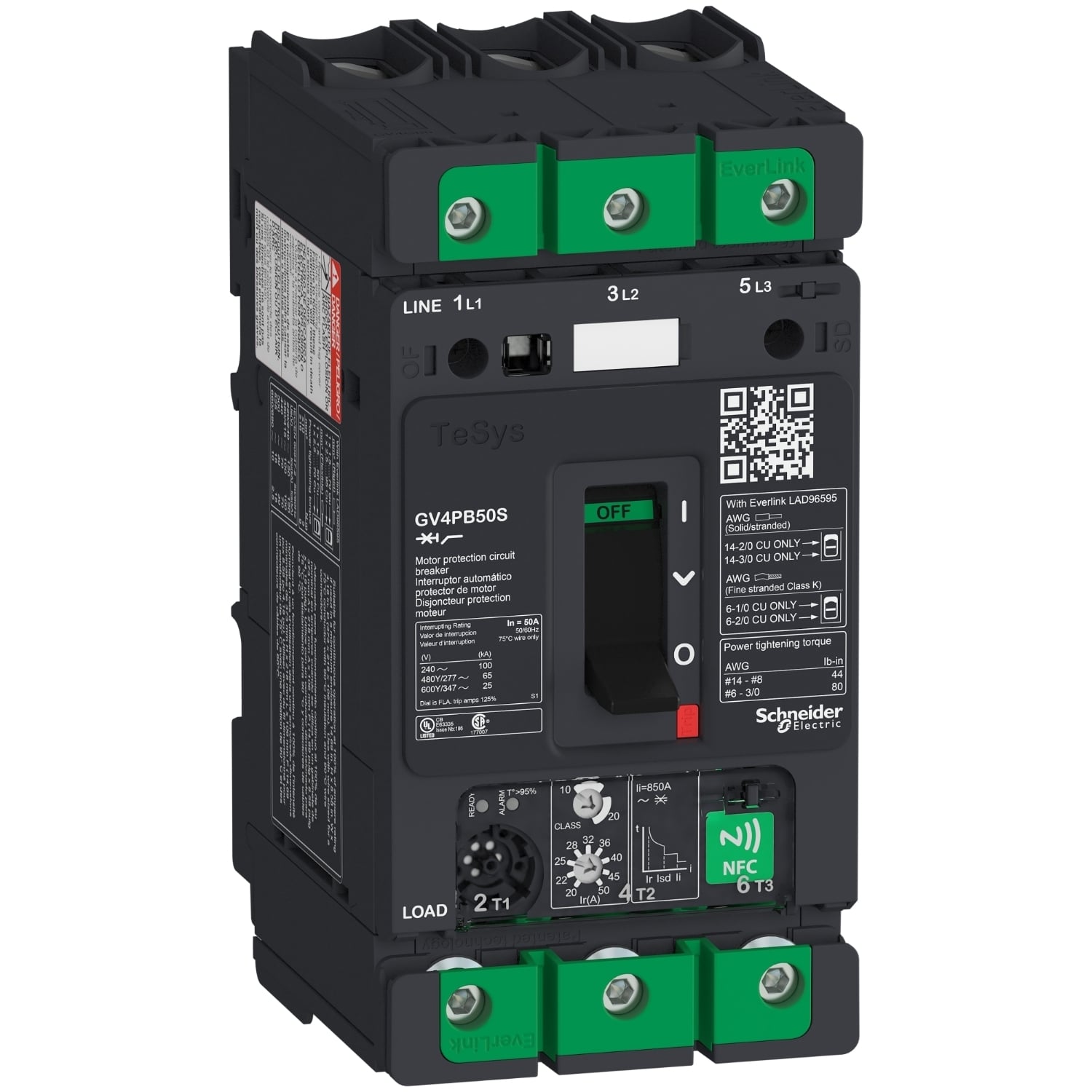 GV4PB50S GV4 Multi-Function Motor circuit breaker, 690, 347 V AC, 50 A, 100 kA Interrupt, 3 P Poles, Thermal Magnetic Trip