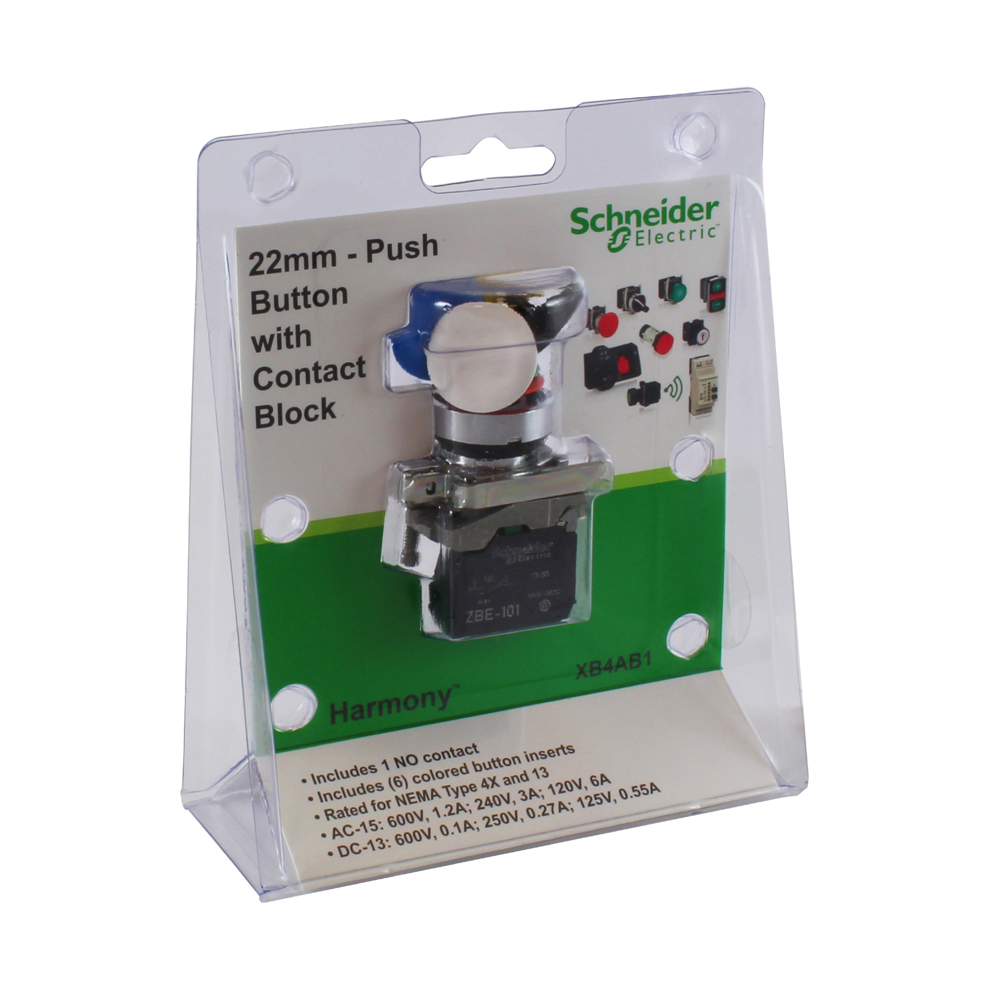 XB4AB1 Harmony Round Unmarked Pushbutton Kit, 1.18 in W x 2.05 in D x 1.85 in H, 1NO Contact, Slow Break Contact