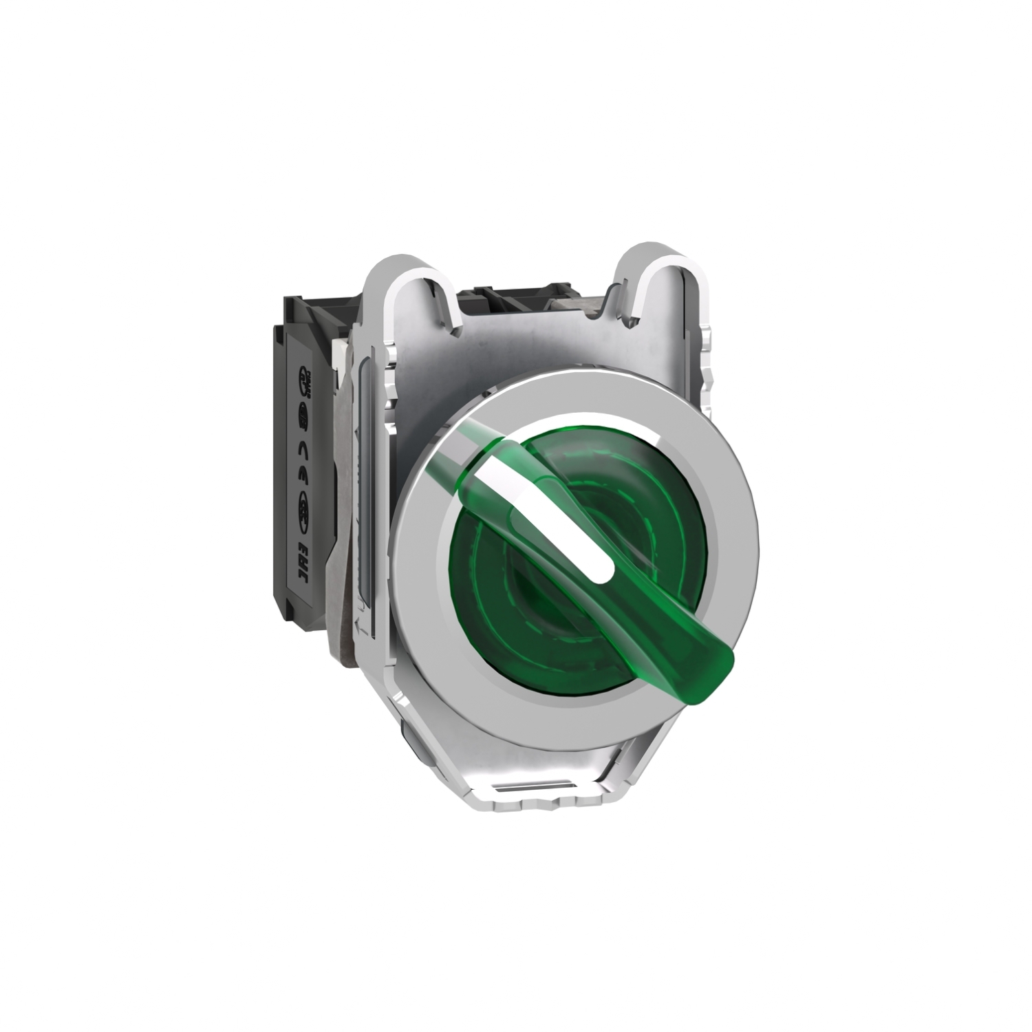 XB4FK123B5 Harmony XB4 Illuminated Round Head Selector Switch With Standard Handle, Integral LED, 30 mm, 1NO-1NC Contact, Slow Break Contact, Lever Operator, Green
