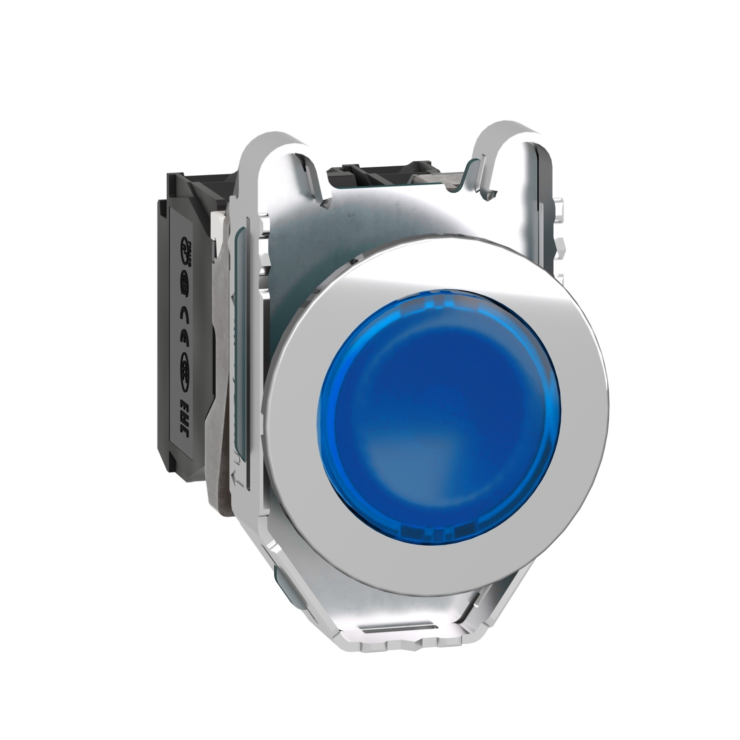 XB4FW36B5 Harmony Illuminated Round Pushbutton Complete Unit, 1.2 in Dia x 1.44 in W x 2.17 in D x 1.85 in H, 1NO-1NC Contact, Slow Break Contact