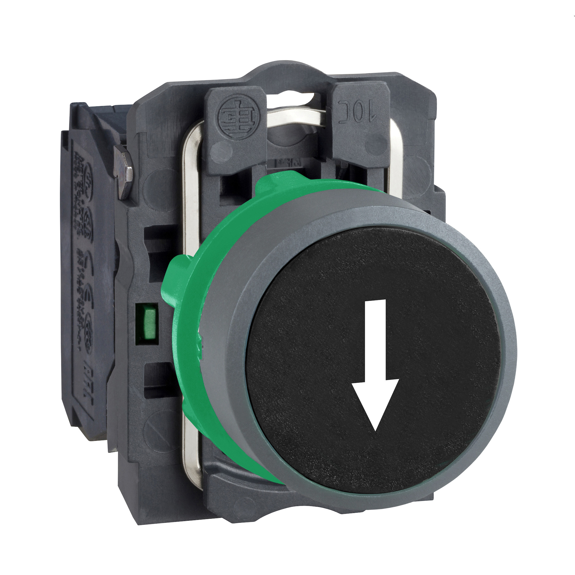 XB5AA3351C0 Harmony Round Marked Pushbutton, 1.18 in W x 2.05 in D x 1.65 in H, 1NO Contact, Slow Break Contact, Black