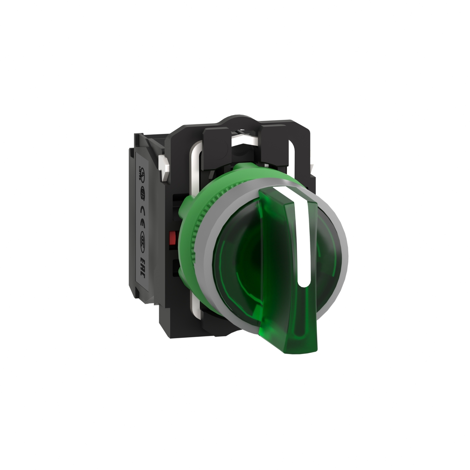 XB5AK133G5C0 Harmony XB5 Illuminated Round Head Selector Switch With Standard Handle, Integral LED, 22 mm, 1NO-1NC Contact, Slow Break Contact, Lever Operator, Gray/Green