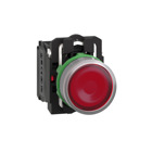 Illuminated push button, Harmony XB5, grey bezel, red flush, 22mm, universal LED, spring return, 1NO + 1NC, 220240V AC