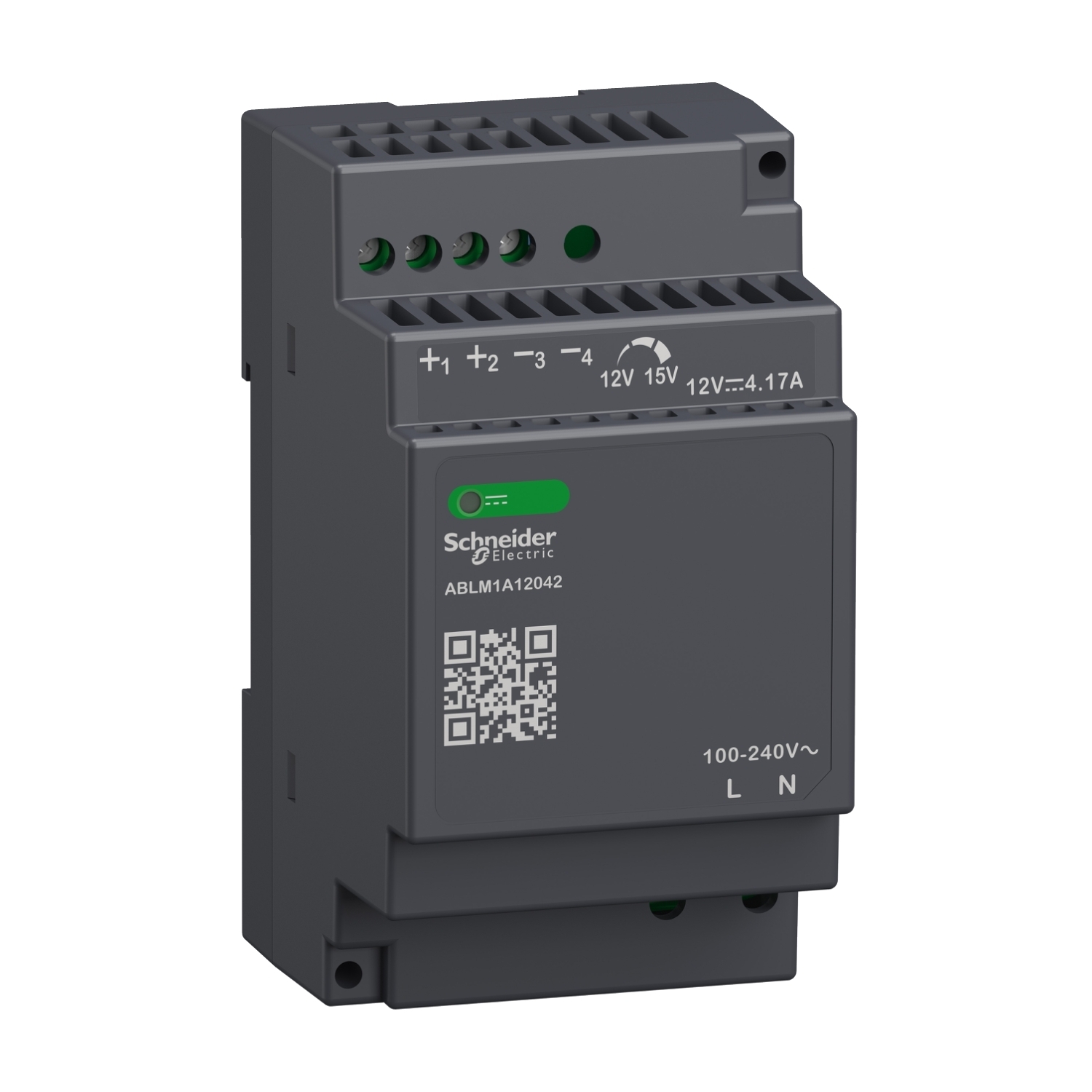 ABLM1A12042 Modicon 1-Phase Modular Regulated Power Supply, 100 to 240 V AC Input, 12 VDC Output, 50 W Power Rating, 4.2 A, DIN Rail Mount