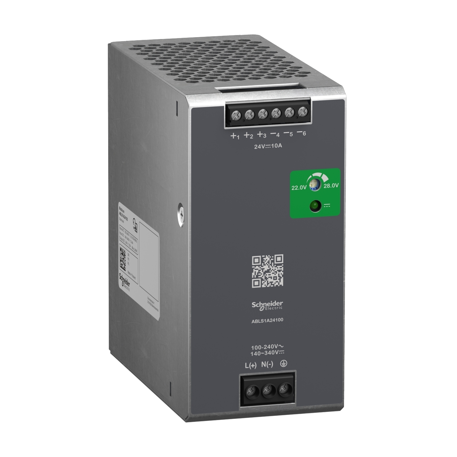 ABLS1A24100 Modicon 1-Phase Optimized Regulated Power Supply, 100 to 240 V AC Input, 24 VDC Output, 240 W Power Rating, 10 A, DIN Rail Mount