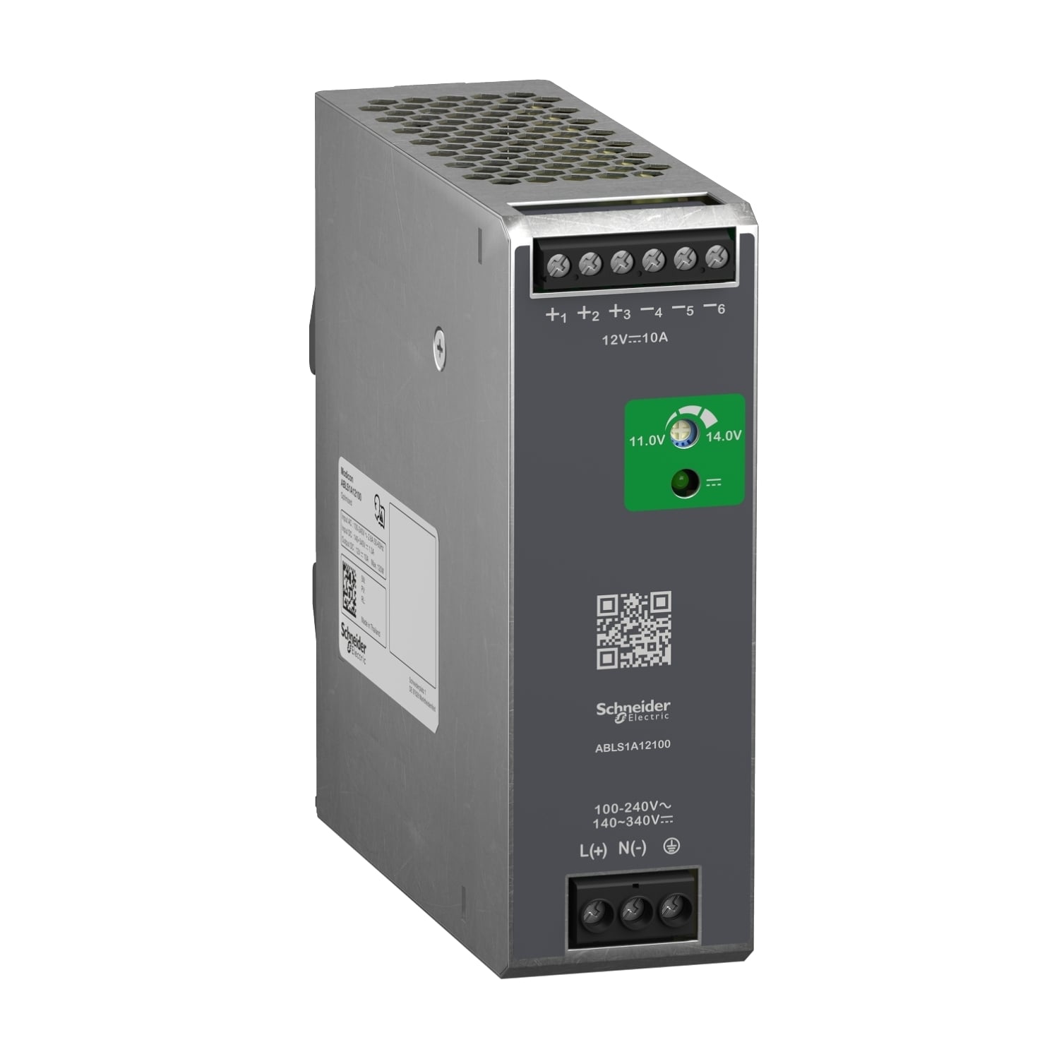 ABLS1A12100 Modicon 1-Phase Optimized Regulated Power Supply, 100 to 240 V AC Input, 12 VDC Output, 120 W Power Rating, 10 A, DIN Rail Mount
