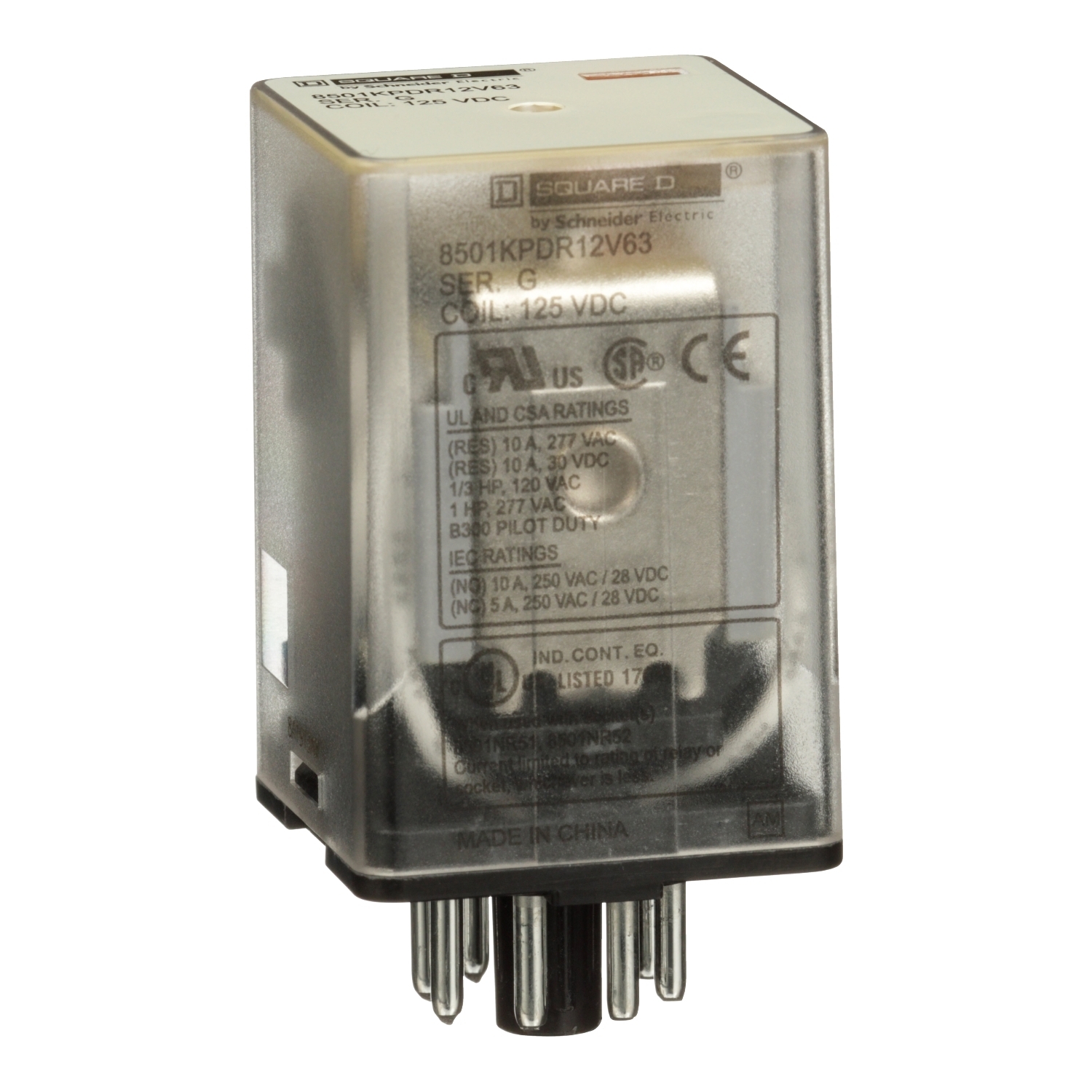 8501KPDR12V63 Relay, 10 A, 8 Pin, 2 Form C DPDT Contact, 125 V DC V Coil