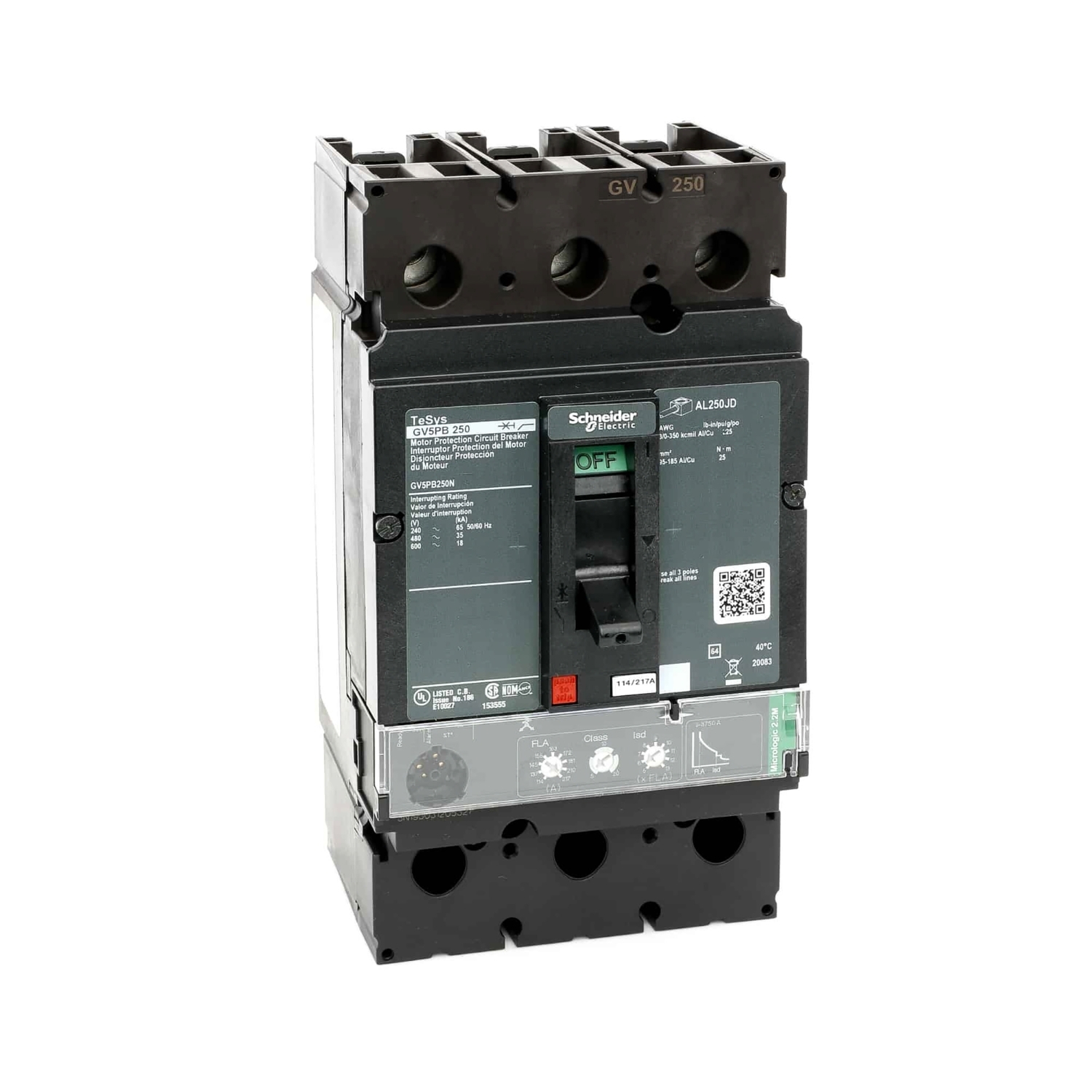 GV5PB250N GV5 Motor circuit breaker, 600 V AC, 250 V AC/VDC, 18 kA Interrupt, 3 P Poles, Electronic Trip