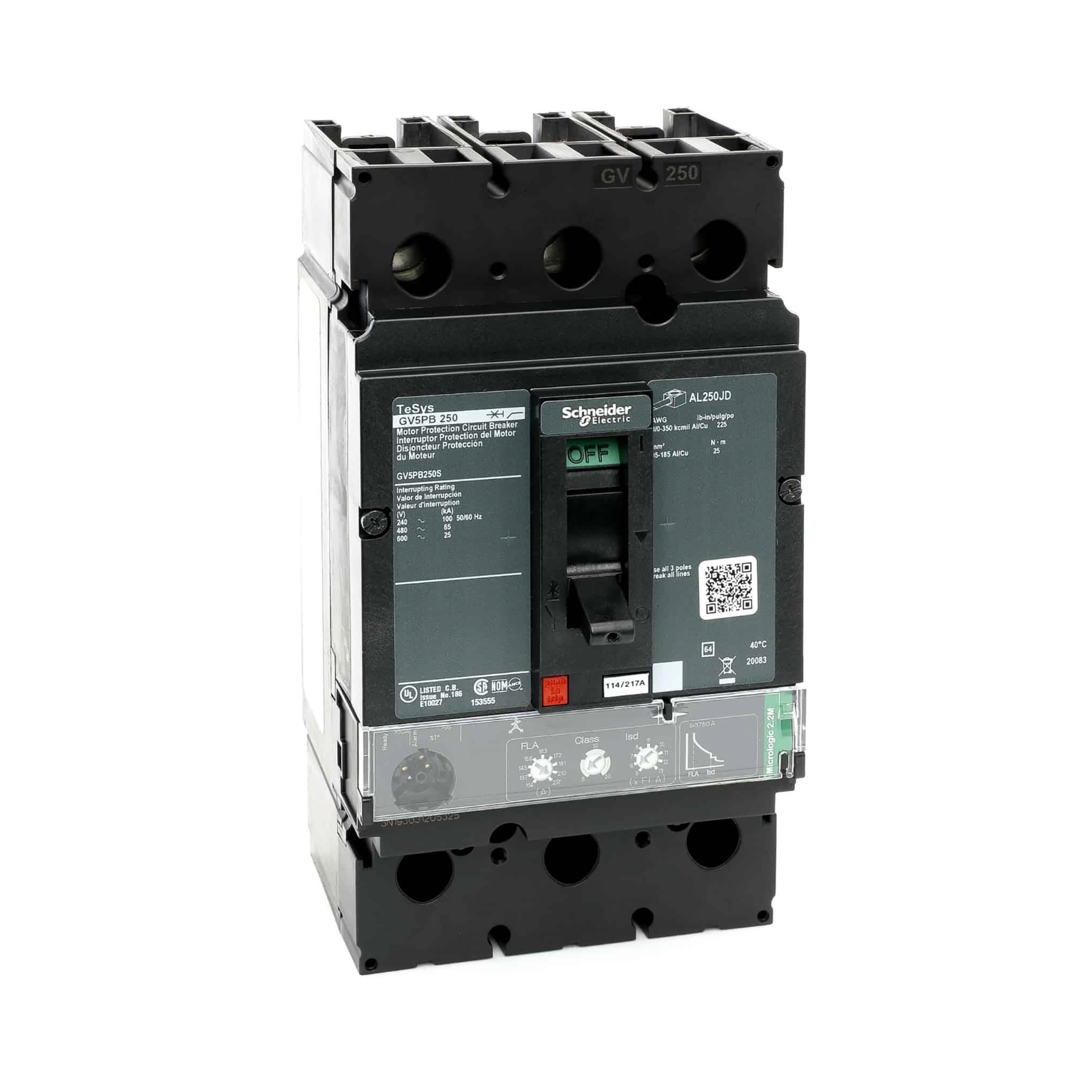 GV5PB250S GV5 Motor circuit breaker, 600 V AC, 250 V AC/VDC, 25 kA Interrupt, 3 P Poles, Electronic Trip