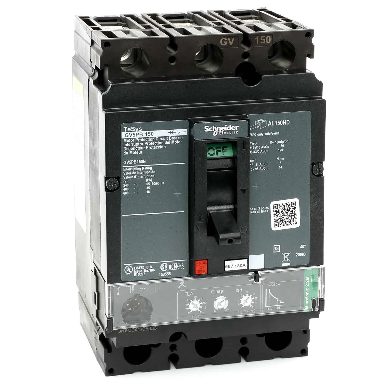 GV5PB150N GV5 Motor circuit breaker, 600 V AC, 150 A, 25 kA Interrupt, 3 P Poles, Electronic Trip