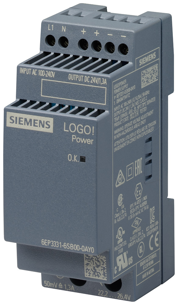 6EP33316SB000AY0 1-Phase Stabilized Power Supply, 85 to 264 V AC/110 to 300 V DC Input, 24 VDC Output, 0.7/0.35 A Input, 1.3 A Output, 31.2 W