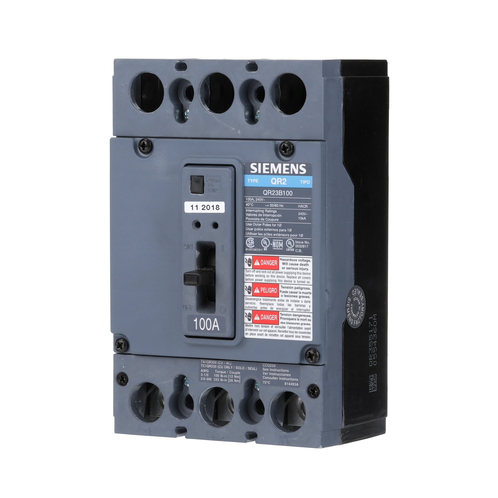 QR23B100 Low Voltage Molded Case Circuit Breaker, 240 V AC, 100 A, 10 kA Interrupt, 3 Poles, Thermal Magnetic Trip
