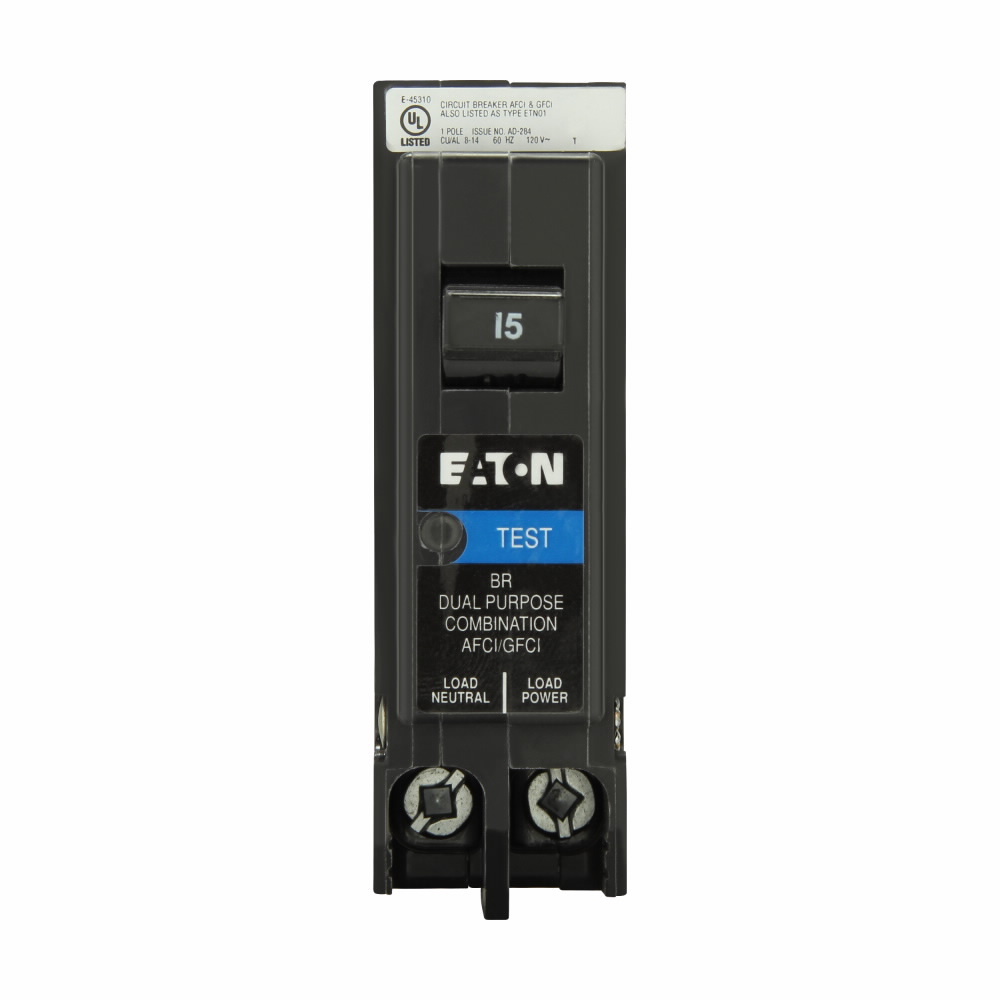 BRP115DF 2-Function Type BR AF/GF Miniature Combination Circuit Breaker, 120 V AC, 15 A, 10 kA Interrupt, 1 Poles, Thermal Magnetic Trip