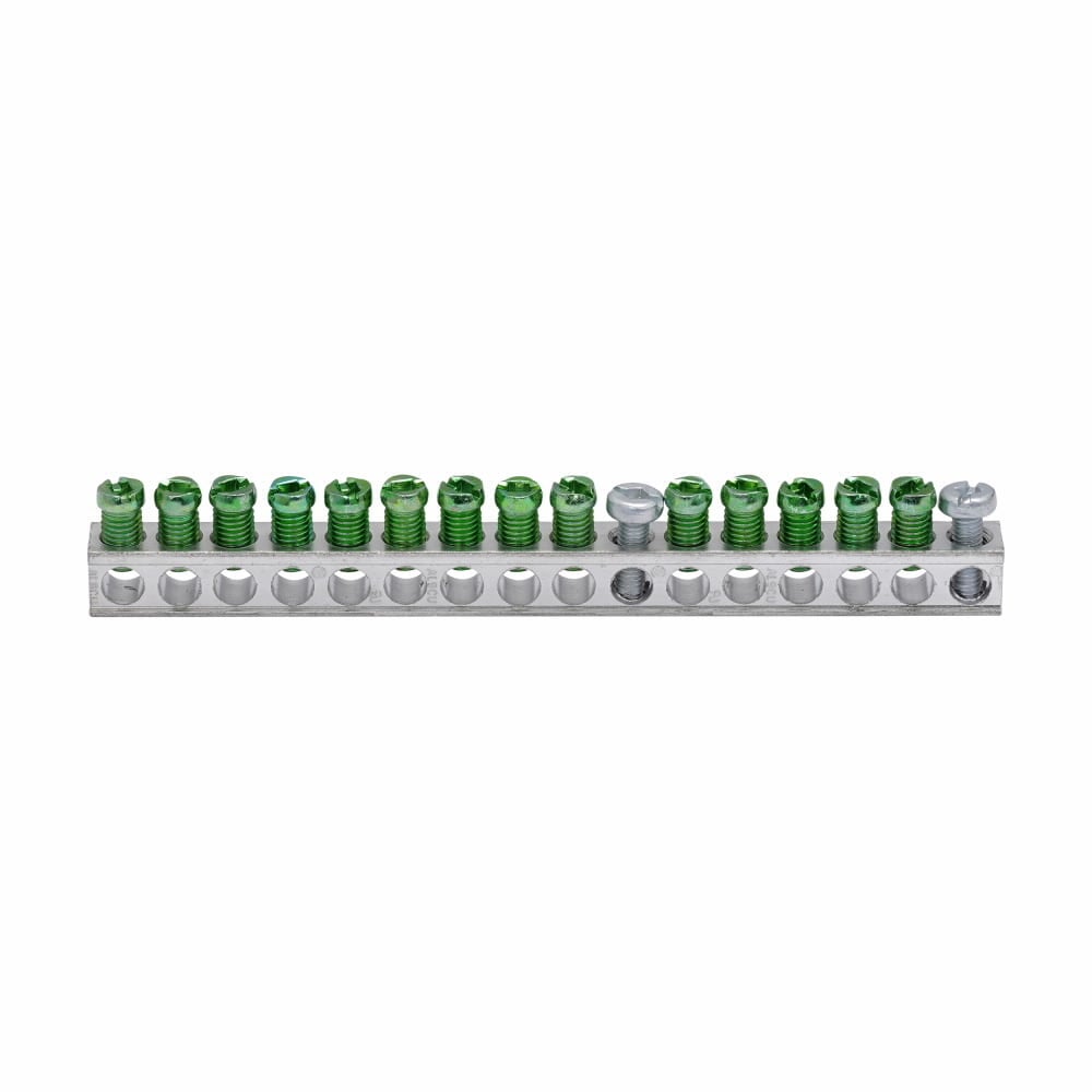 GBKP14P Ground Bar, 5.39 in L, 14 to 10 AWG, 14 to 4 AWG Copper/Aluminum Conductor, 14 Terminals, For Use With CH/BR Style Plug-On Neutral Load Centers