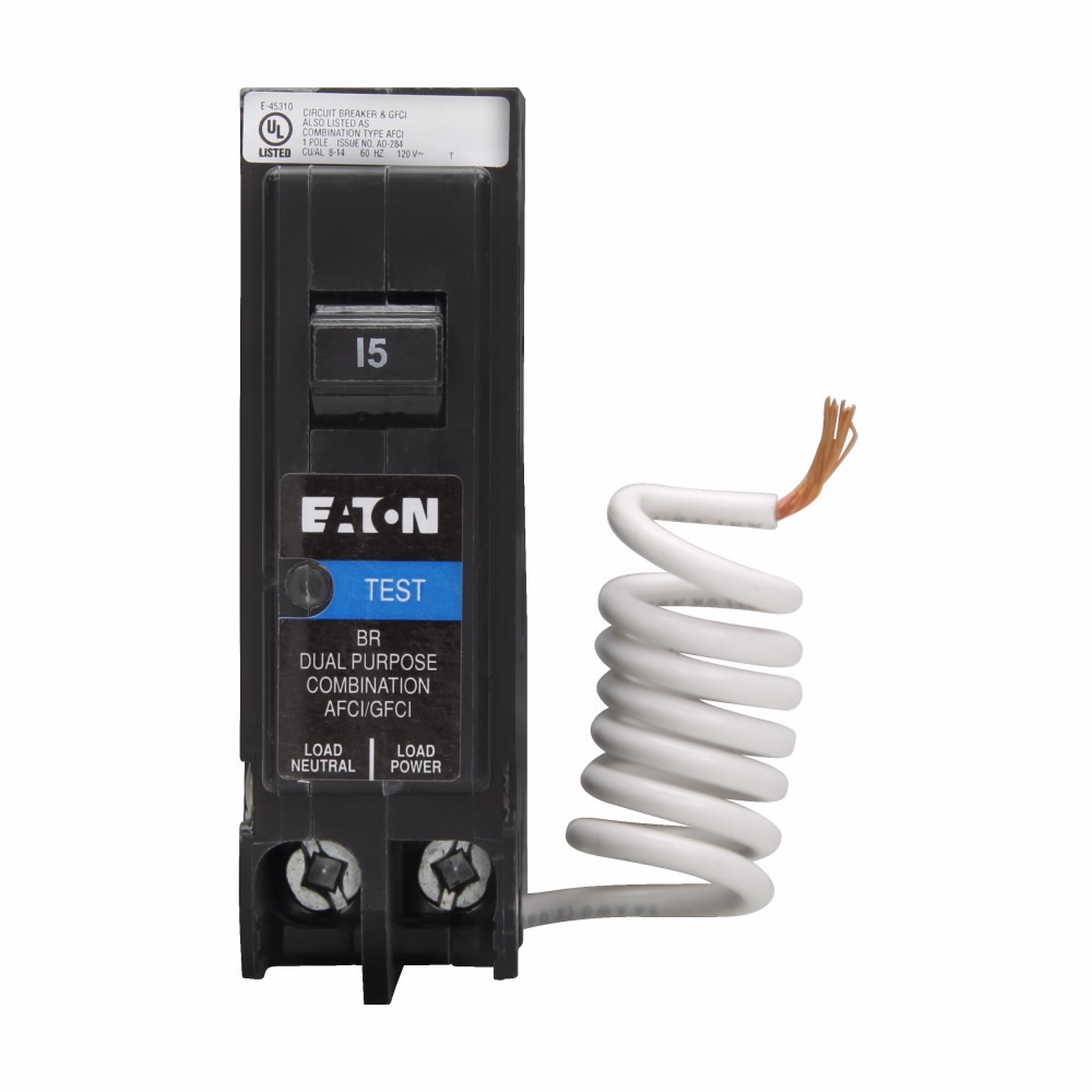 BRN115DF 2-Function Type BR Combination Miniature Arc Fault/Ground Fault Circuit Breaker, 120 V AC, 15 A, 10 kA Interrupt, 1 Poles, Thermal Magnetic Trip