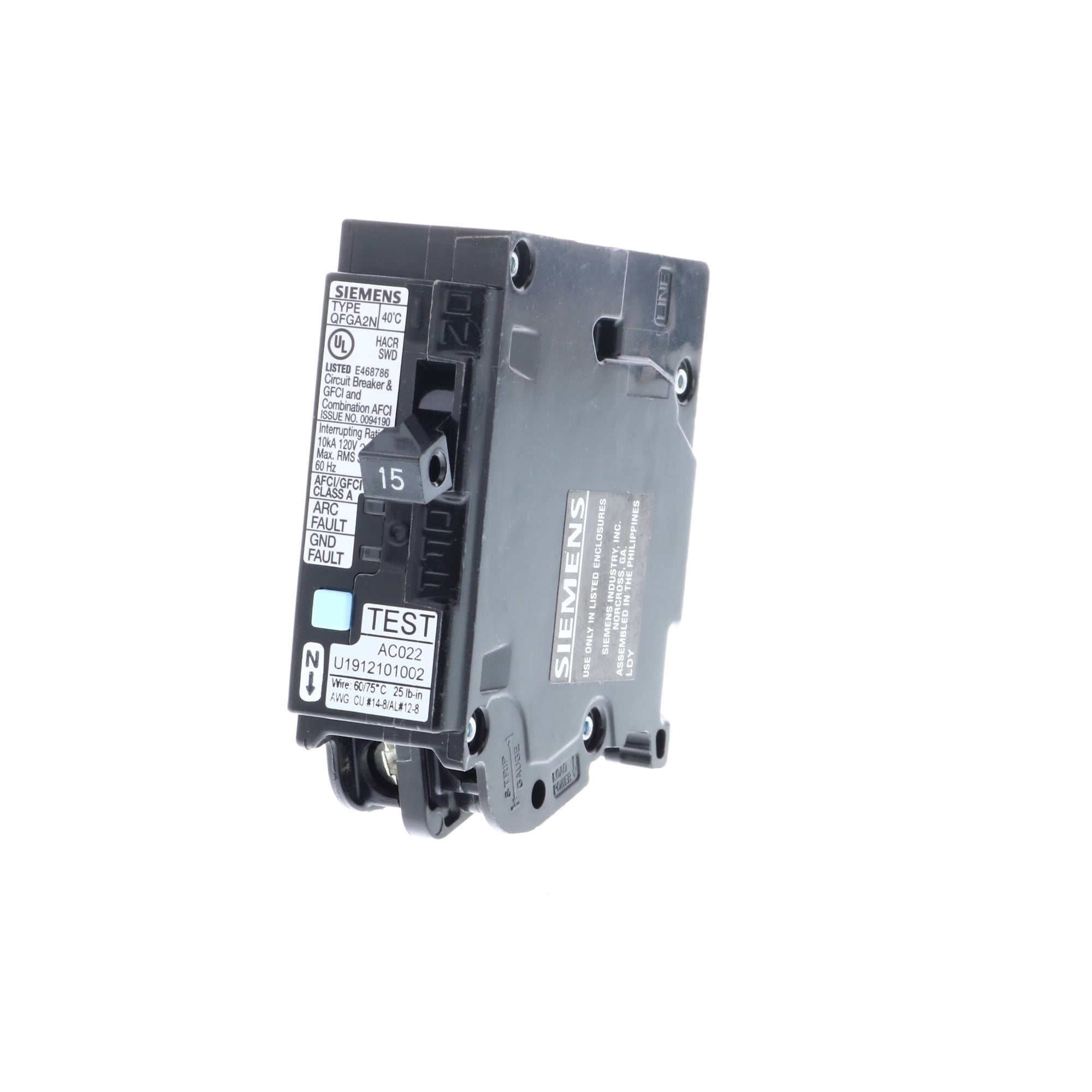 Q115DFN Low Voltage Arc-Fault/Ground-Fault Dual Function Circuit Breaker, 120 V, 15 A, 10 kA at 120 V Interrupt, 1 Pole