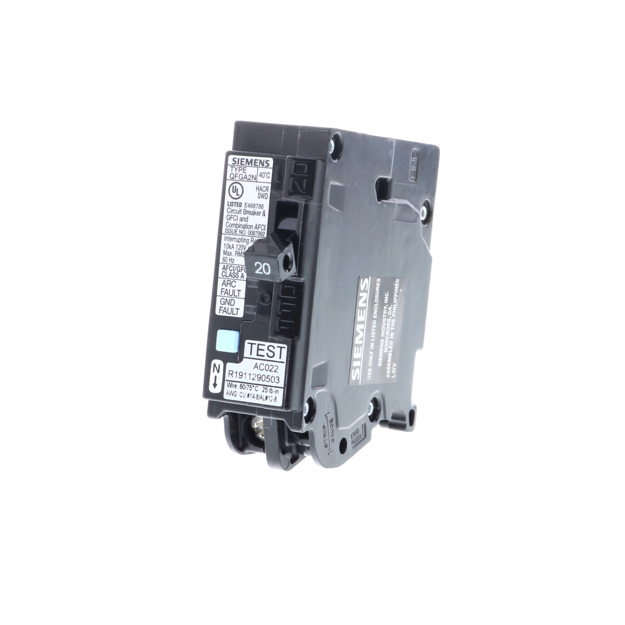 Q120DFN Low Voltage Arc-Fault/Ground-Fault Dual Function Circuit Breaker, 120 V, 20 A, 10 kA at 120 V Interrupt, 1 Pole