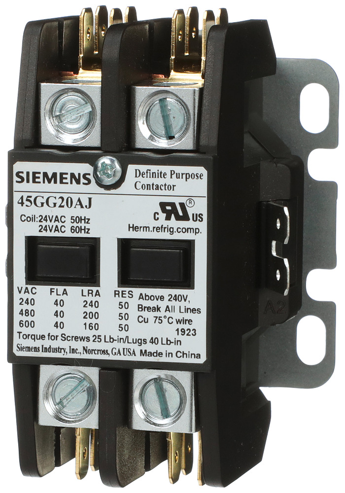 45GG20AJ Class 45 Non-Reversing Definite Purpose Contactor, 24 V AC Coil, 40 A, 2NO Contact, 2 Poles