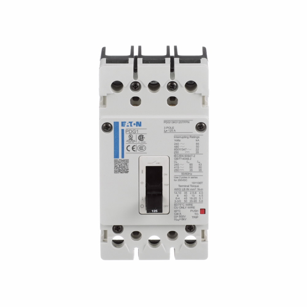 PDG13F0090TFFJ Power Defense Globally Rated Molded Case Circuit Breaker, 600 V AC, 90 A, 25 kA Interrupt, 3 Poles, Thermal Magnetic Trip