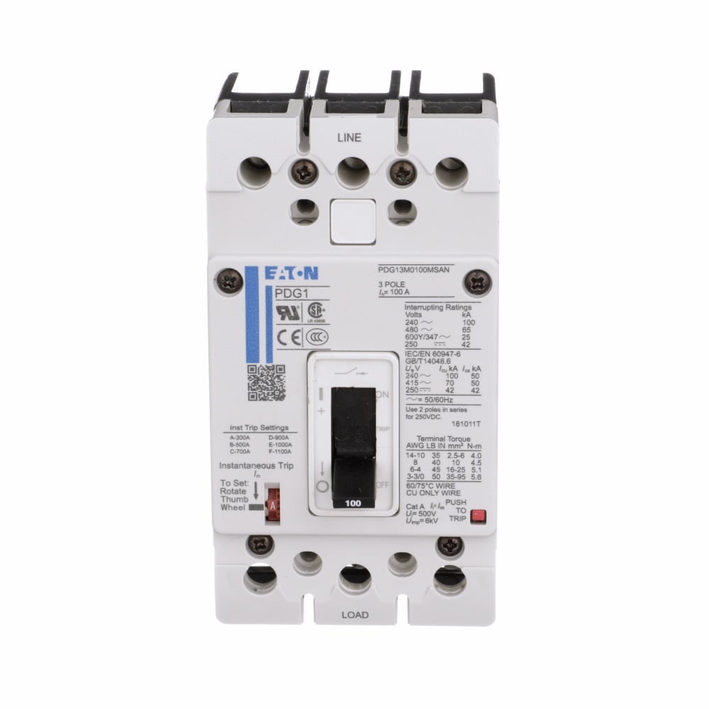 PDG13M0070MSAJ Power Defense Globally Rated Standard Calibration Motor Protection Circuit Breaker, 240/480/600 V AC/250 V DC, 70 A, 100/65/25/42 kA Interrupt, 3 Poles, Thermal Magnetic Trip