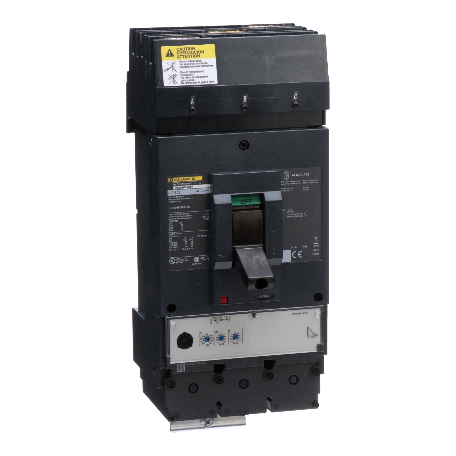 LGA36600U33X I-Line PowerPact Standard L Molded Case Circuit Breaker, 600 V AC, 600 A, 65 kA at 240 V AC/35 kA at 480 V AC/18 kA at 600 V AC Interrupt, 3 Poles, Electronic Trip