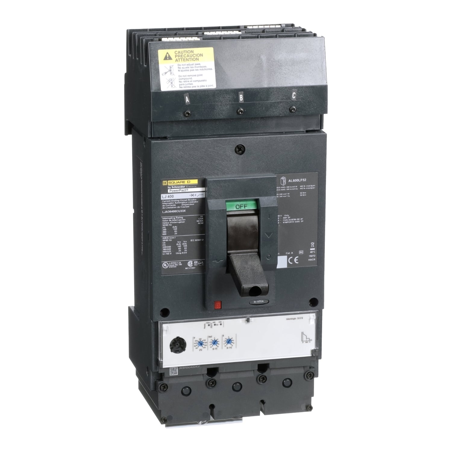 LJA36400CU33X I-Line PowerPact Standard Molded Case Circuit Breaker, 600 V AC, 400 A, 100 kA at 240 V AC/65 kA at 480 V AC/25 kA at 600 V AC Interrupt, 3 Poles, Electronic Trip