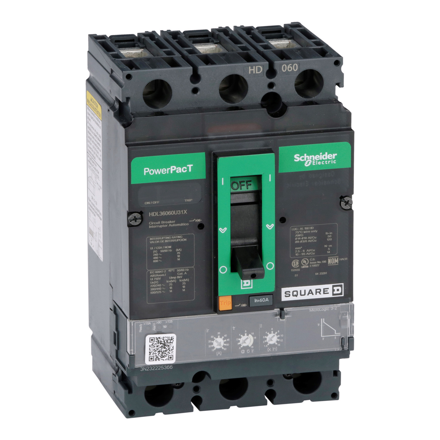 HDL36060U31X Molded Case Circuit Breaker, 60 Amp, 3 Pole, 600V