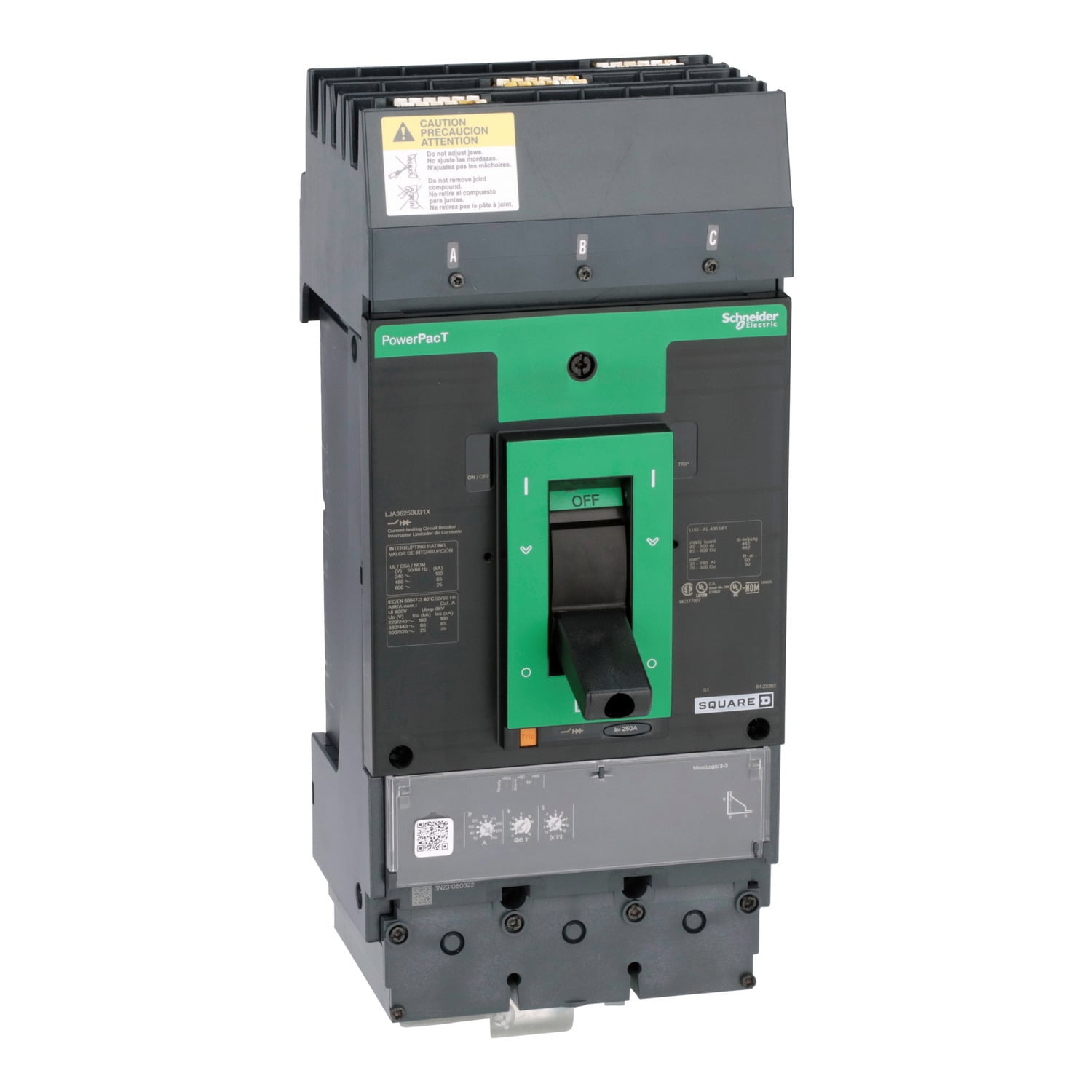 LJA36250U31X I-Line PowerPact Standard L Molded Case Circuit Breaker, 600 V AC, 250 A, 100 kA at 240 V AC/65 kA at 480 V AC/25 kA at 600 V AC Interrupt, 3 Poles, Electronic Trip