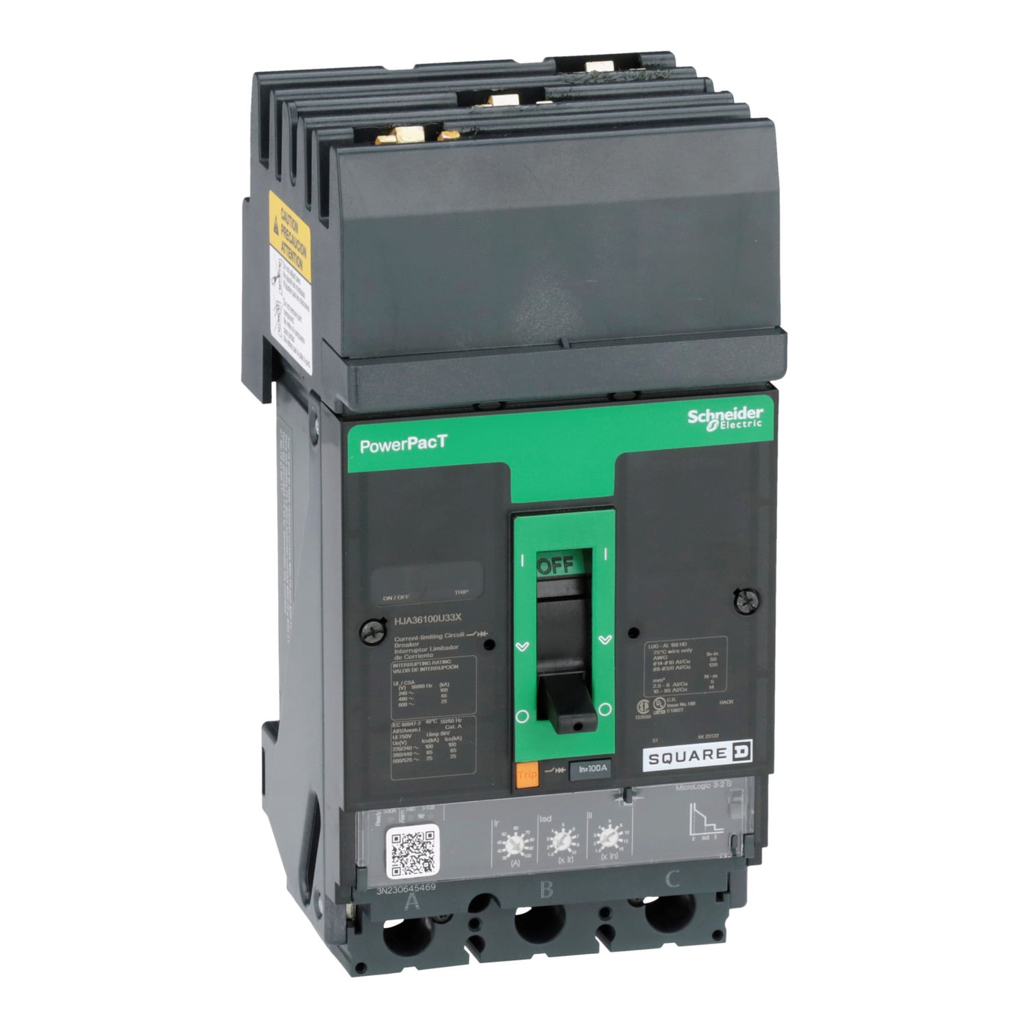 HJA36100U33X I-Line PowerPact Type HJA Molded Case Circuit Breaker, 600 V AC, 100 A, 100 kA at 240 V AC/65 kA at 480 V AC/25 kA at 600 V AC/20 kA at 250 VDC Interrupt, 3 Poles, Electronic Trip