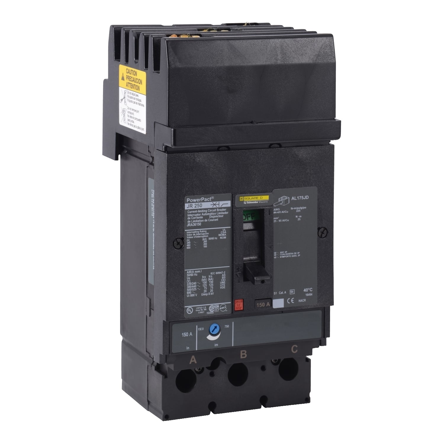 JRA36250 I-Line PowerPact Molded Case Circuit Breaker, 600 V AC, 250 A, 200 kA at 240/480 V AC/100 kA at 600 V AC Interrupt, 3 Poles, Thermal Magnetic Trip