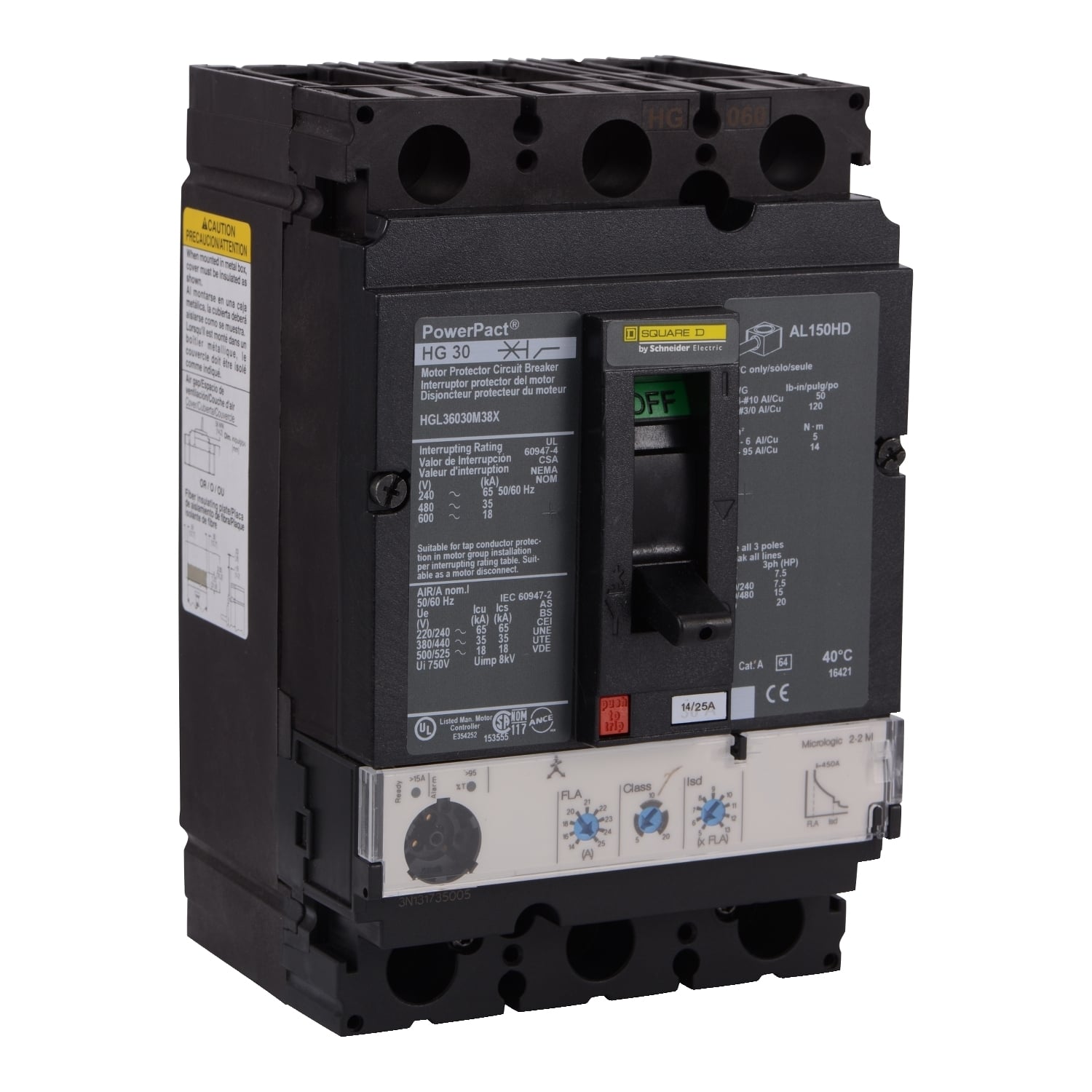 HGL36030M38X Motor Circuit Breaker, 30 Amp, 3 Pole, 600V