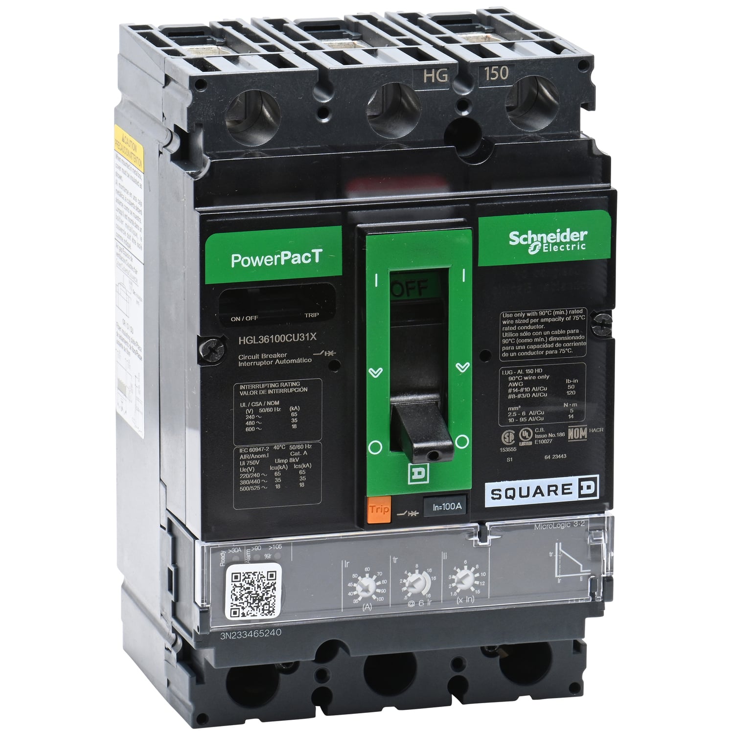 HGL36100CU31X Molded Case Circuit Breaker, 100 Amp, 3 Pole, 600V