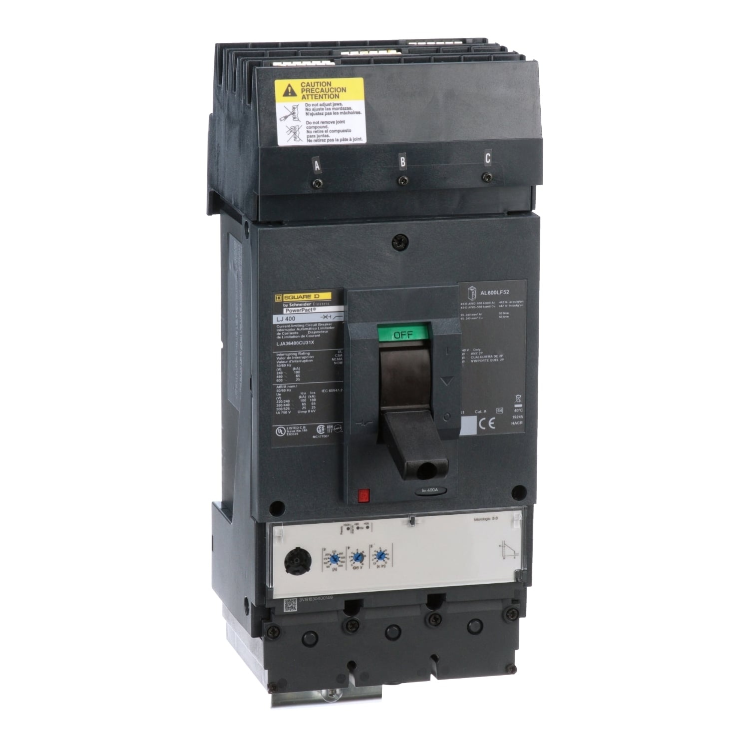 LJA36400CU31X I-Line PowerPact Standard L Molded Case Circuit Breaker, 600 V AC, 400 A, 100 kA at 240 V AC/65 kA at 480 V AC/25 kA at 600 V AC Interrupt, 3 Poles, Electronic Trip